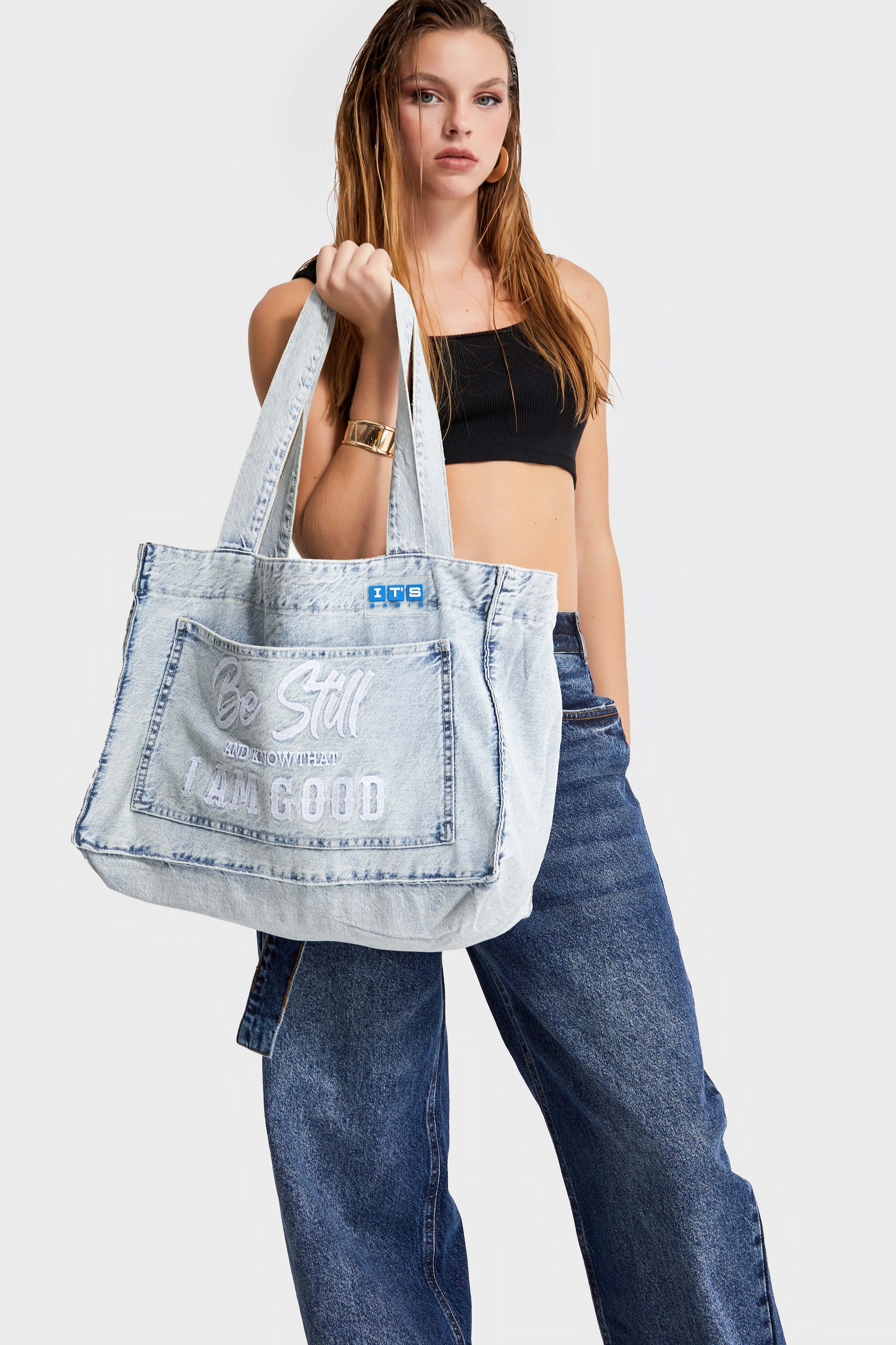 Denim Bag with Two Pockets and Denim Color Gussets on Straps