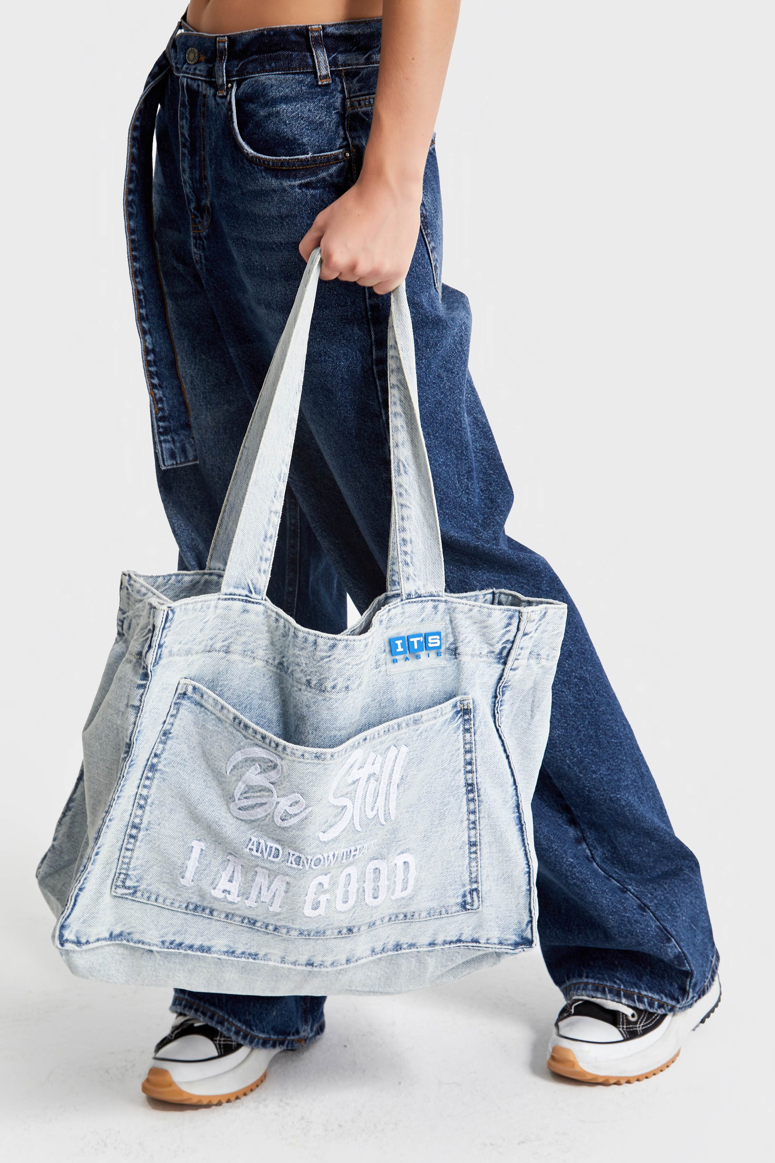 Denim Bag with Two Pockets and Denim Color Gussets on Straps