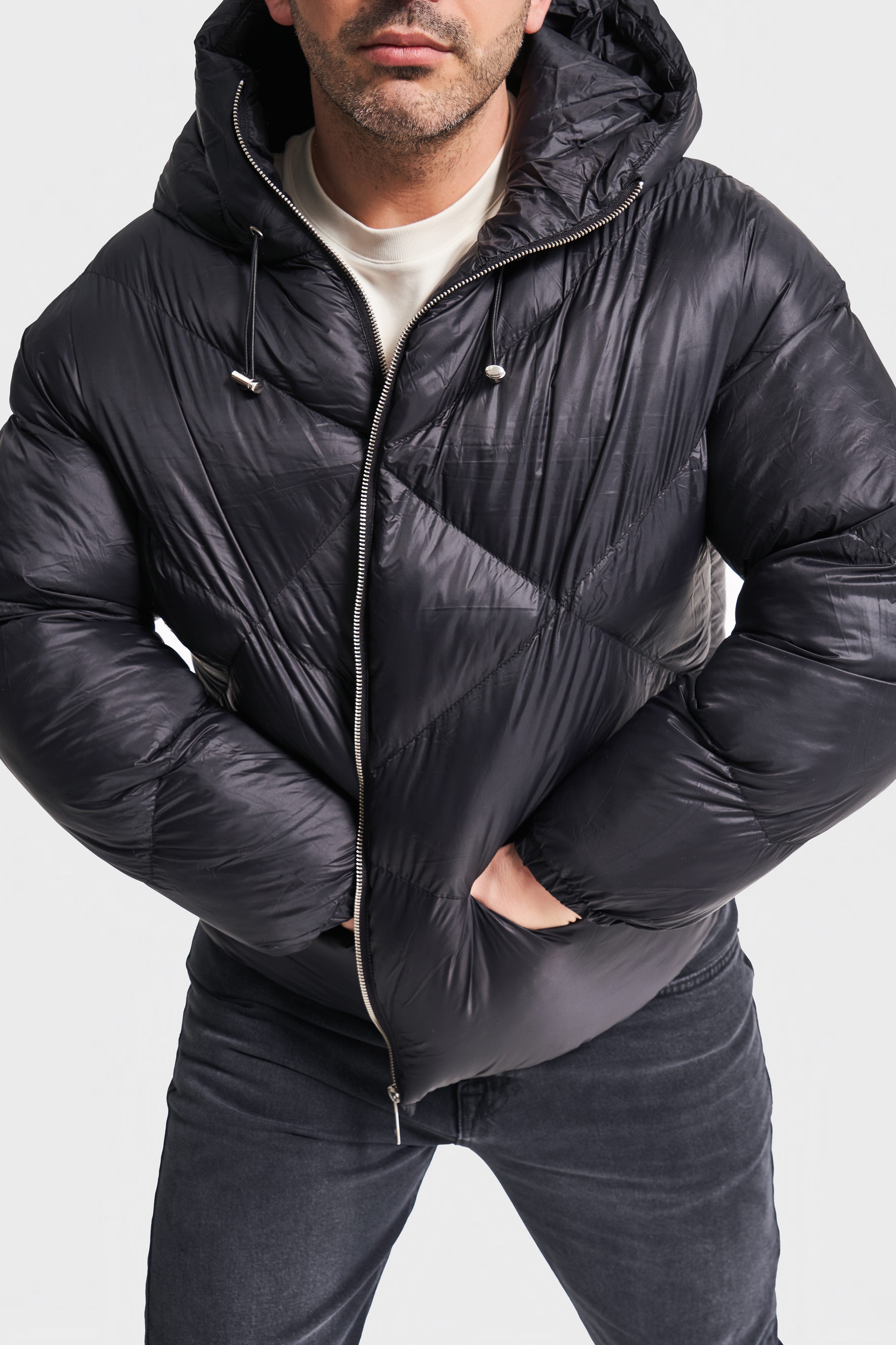 Men's Anthracite Black Color Hooded Puffer Jacket