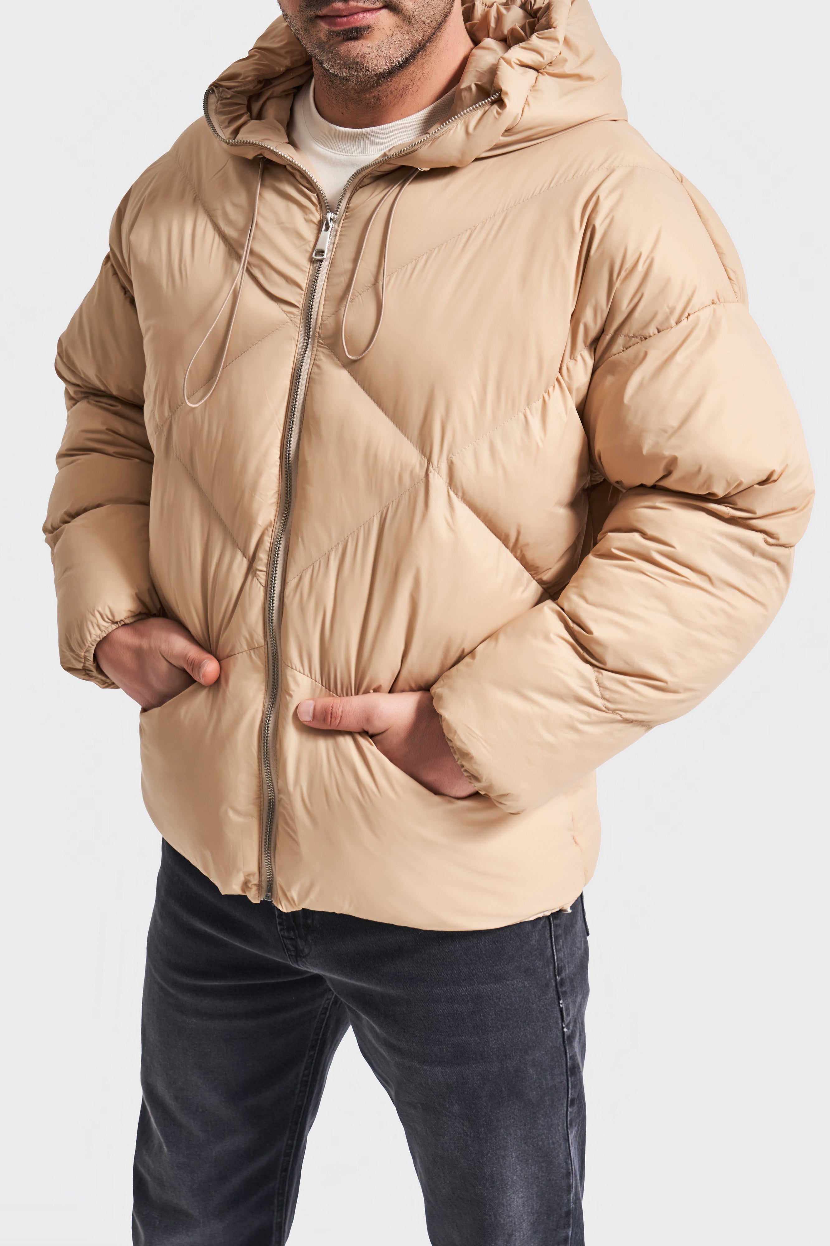 Men's Beige Color Hooded Puffer Jacket