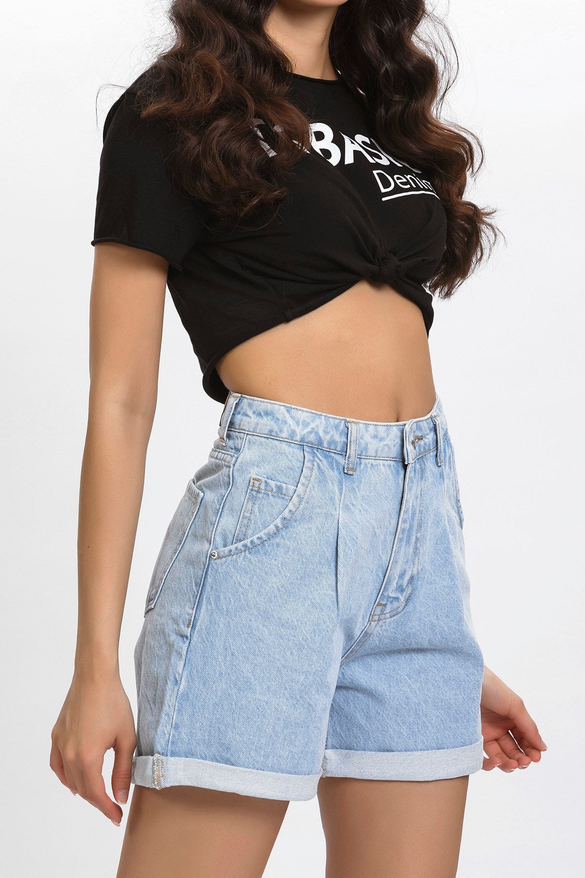 Ice Denim Front Pleated High Waist Jean Shorts