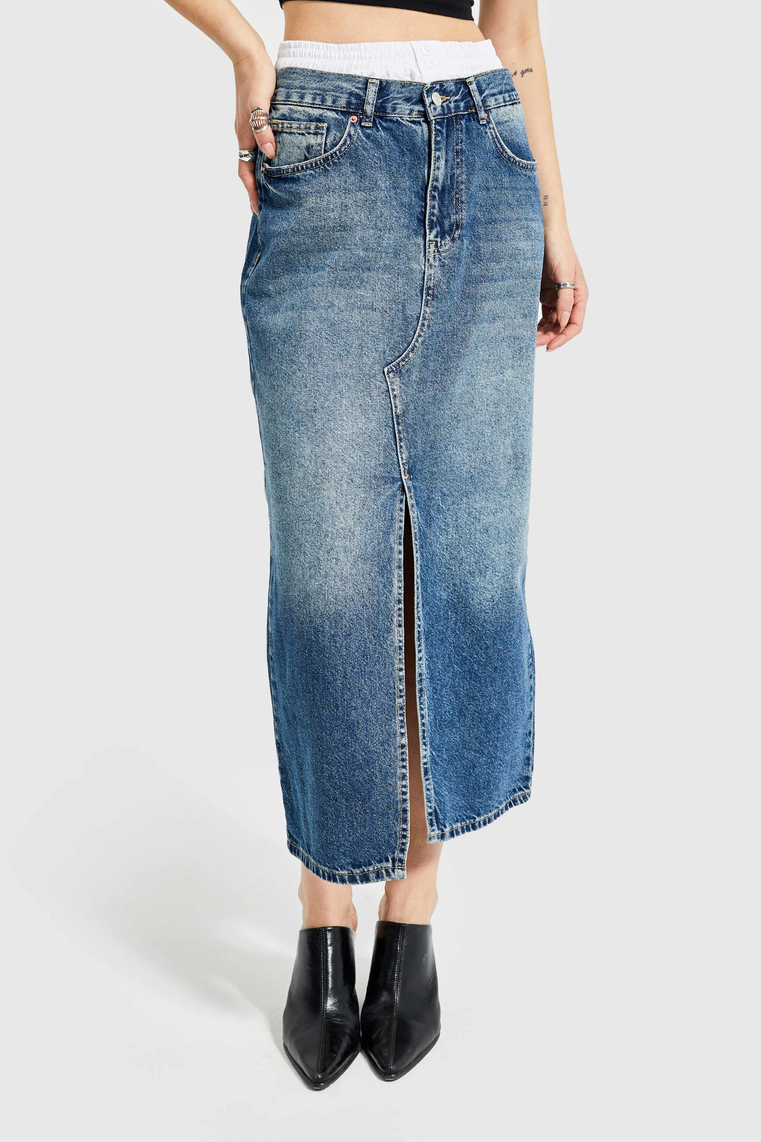 Kadı Tint Denim Color Slit Boxer Detail Maxi Length Denim Skirt