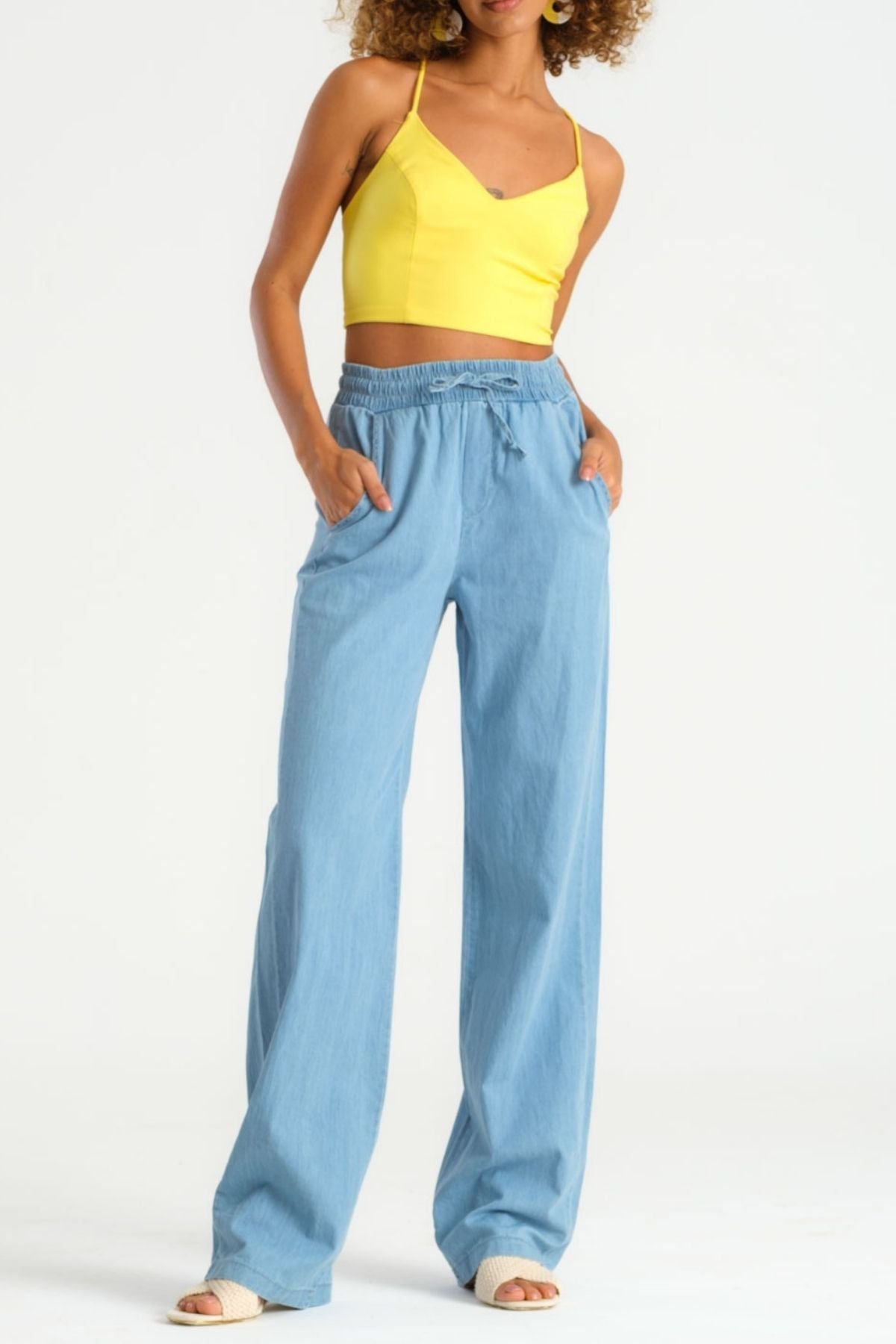 Women's Light Blue Color Thin Summer Fabric Elastic Waist Trousers