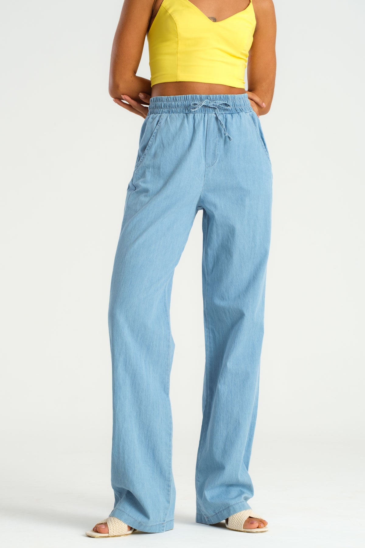 Women's Light Blue Color Thin Summer Fabric Elastic Waist Trousers