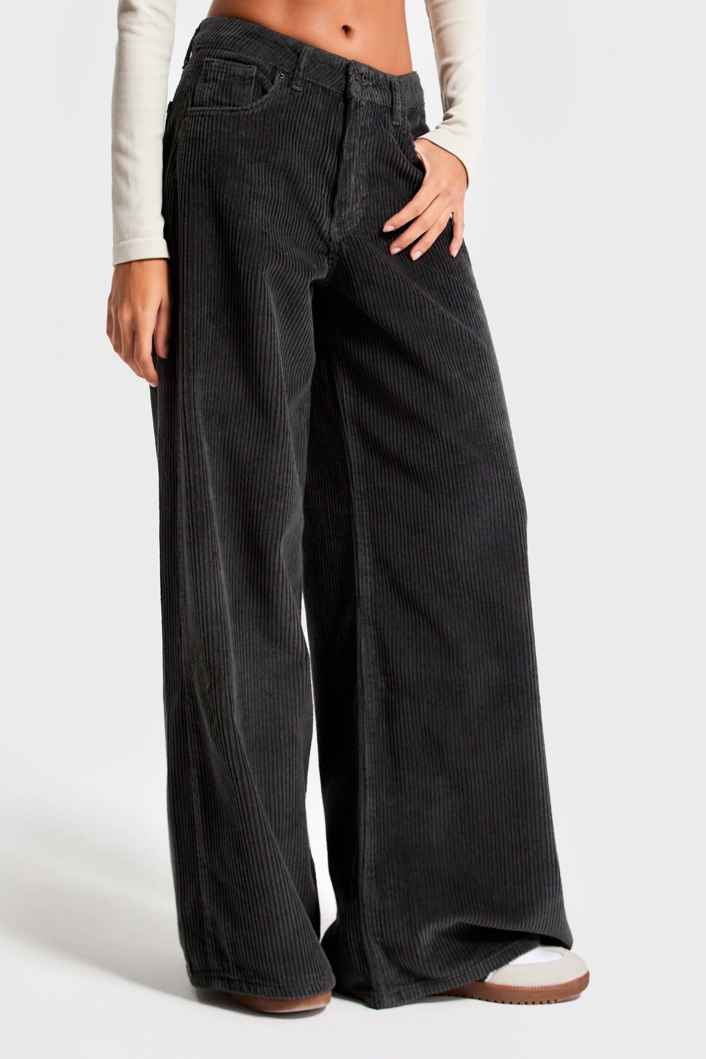 Women's Anthracite 26w414 Thick Corduroy Fabric Palazzo Fit Trousers