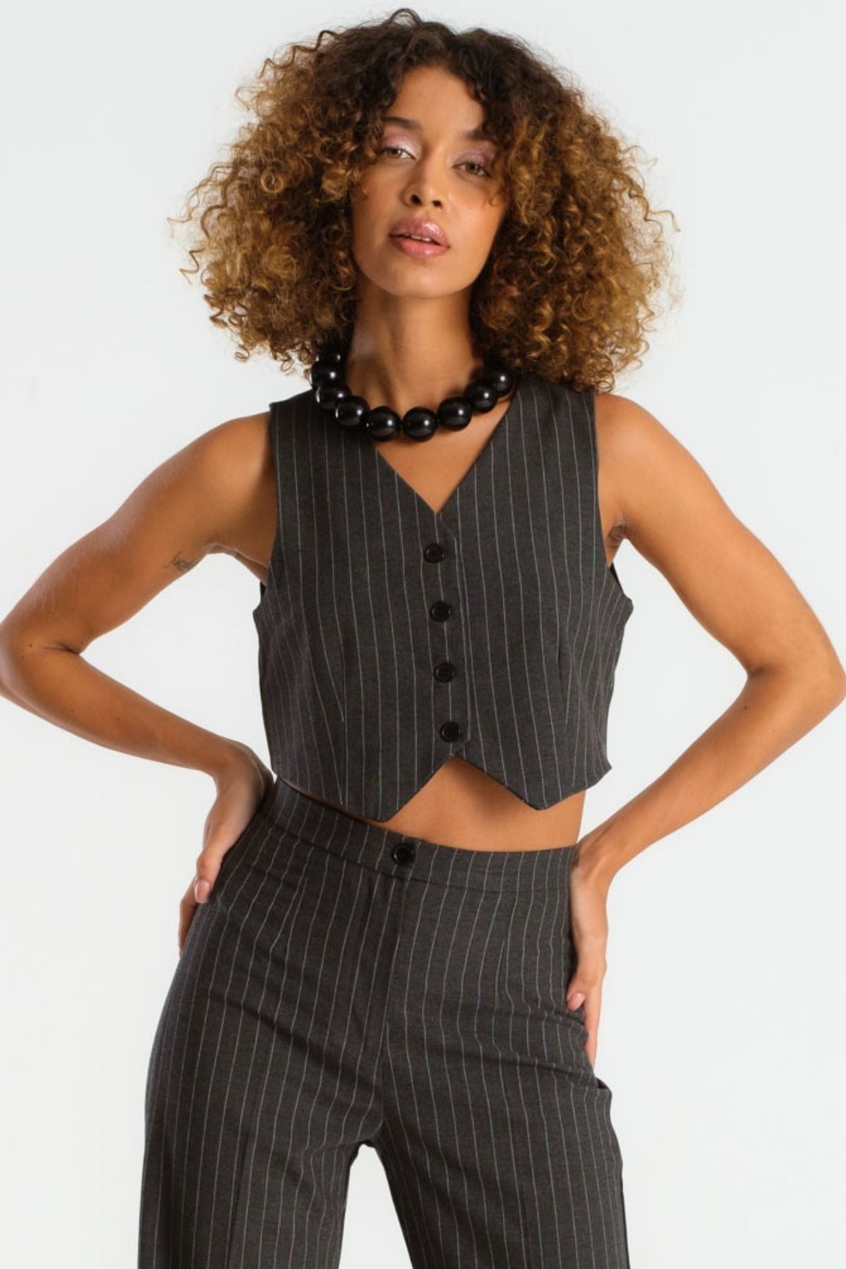 Women's Anthracite Striped Color Front Button Crop Fit Fabric Vest