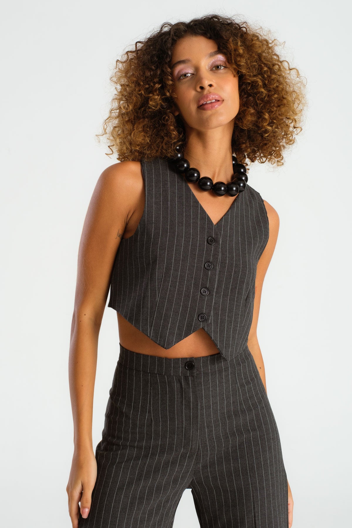 Women's Anthracite Striped Color Front Button Crop Fit Fabric Vest