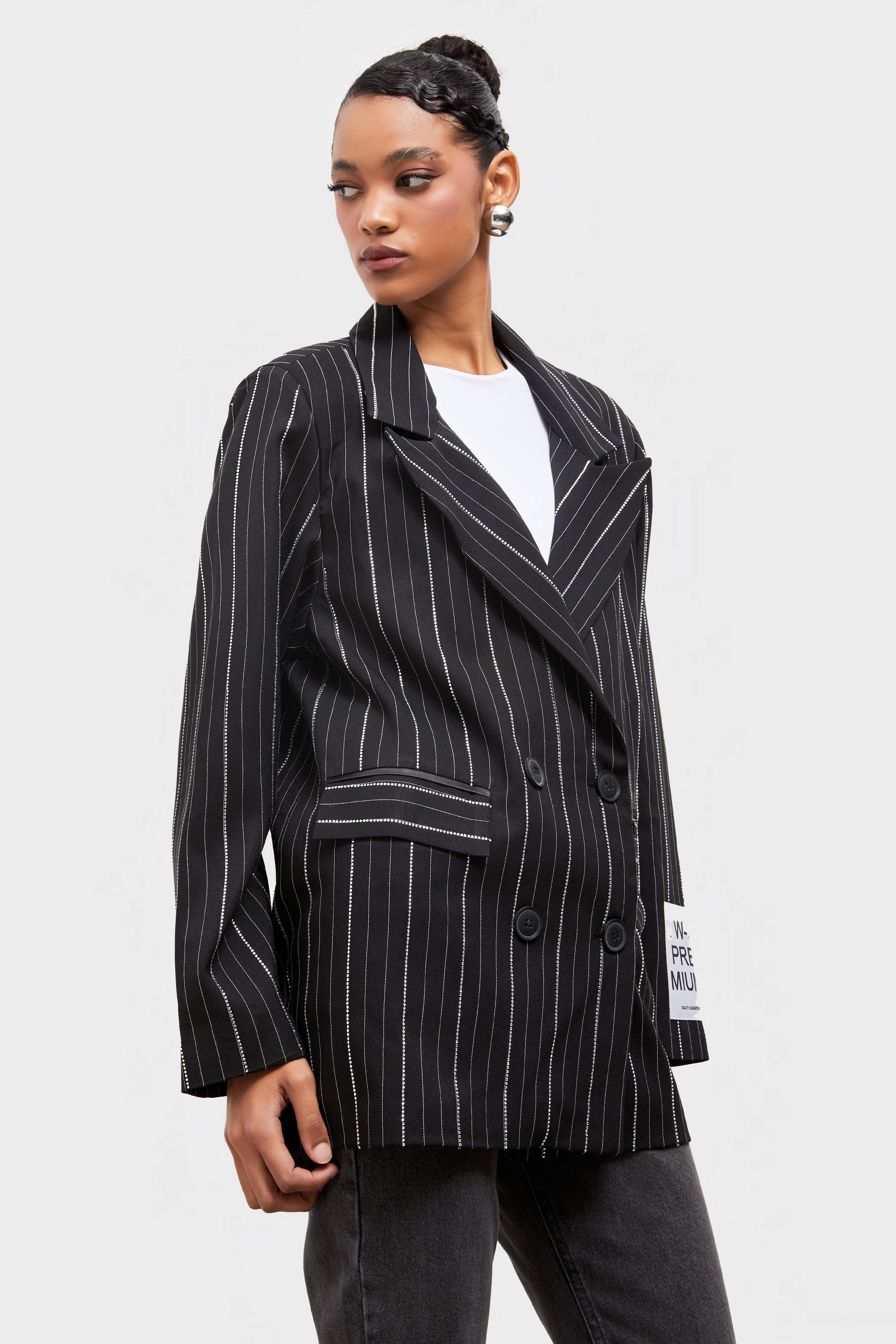 Women's Anthracite Shiny Stone Detailed Striped Fabric Design Double Breasted Jacket