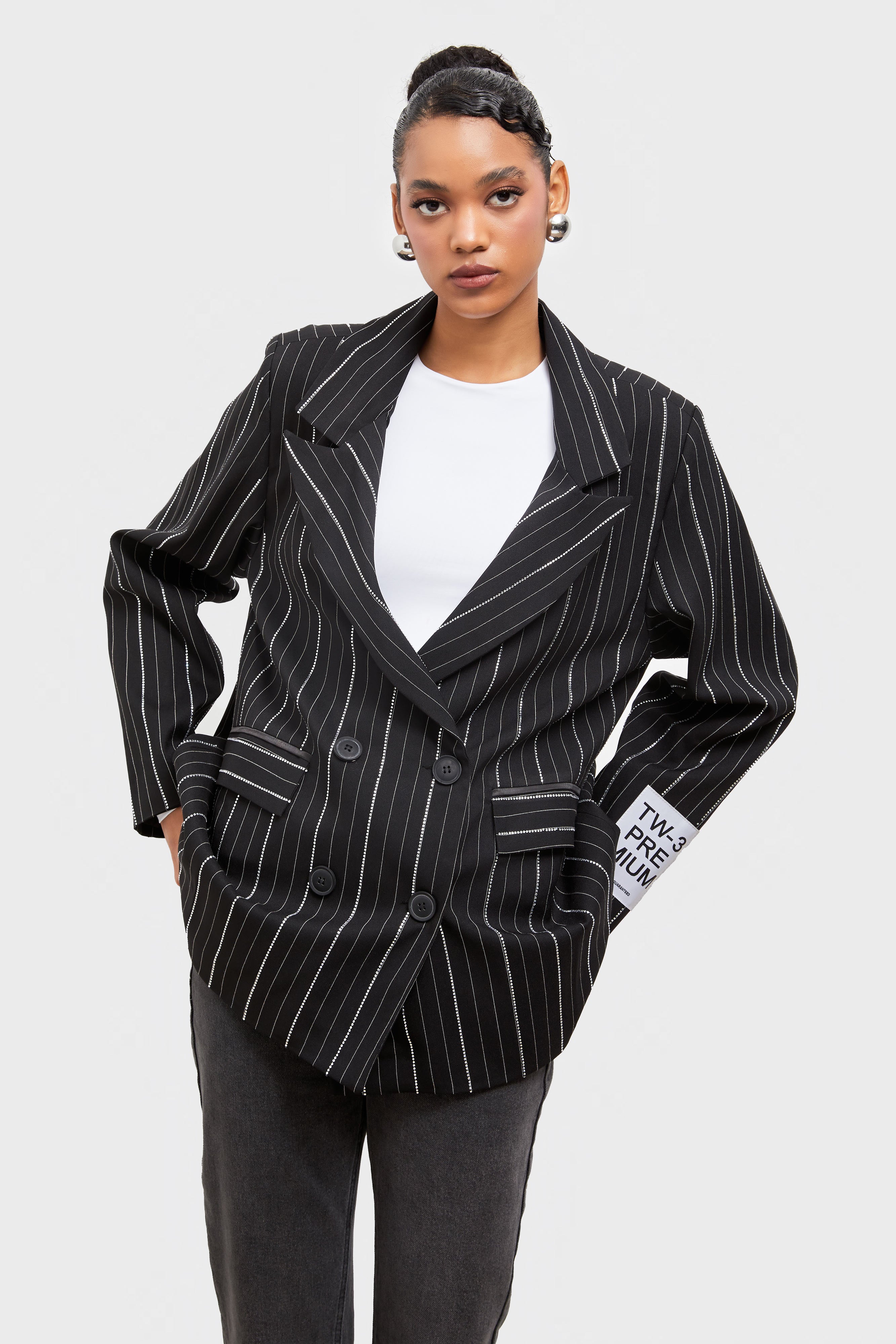 Women's Anthracite Shiny Stone Detailed Striped Fabric Design Double Breasted Jacket