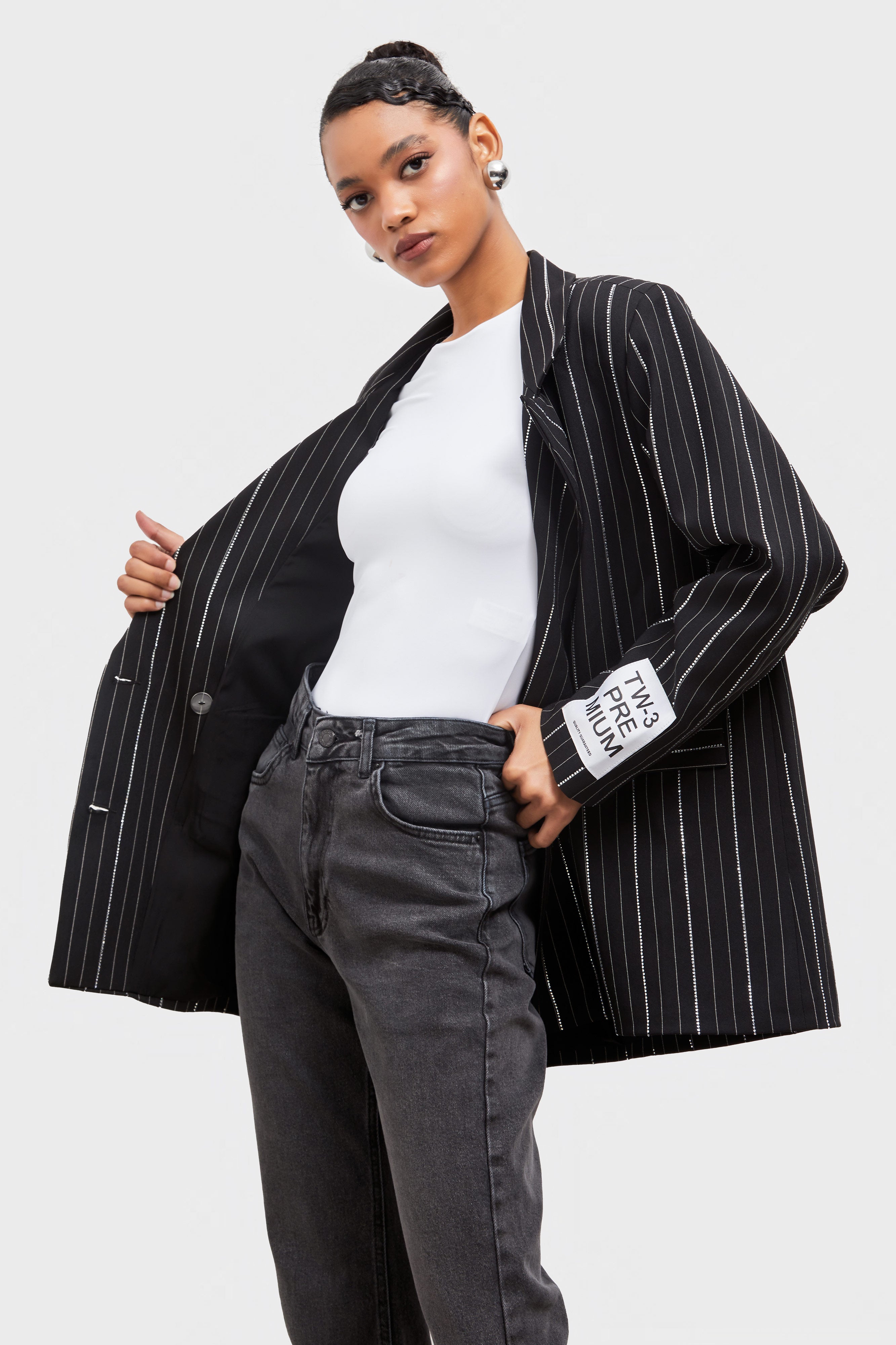 Women's Anthracite Shiny Stone Detailed Striped Fabric Design Double Breasted Jacket