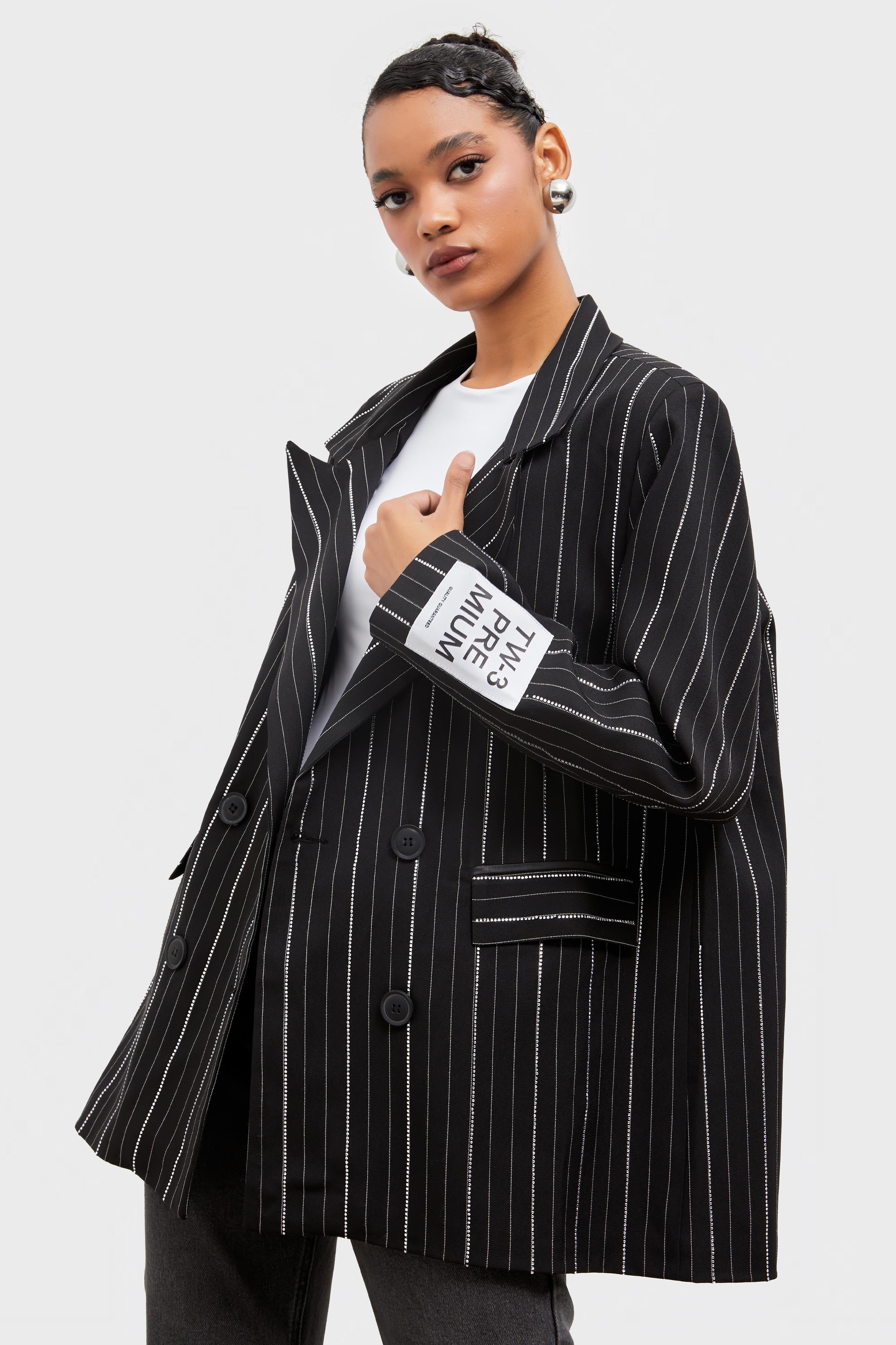 Women's Anthracite Shiny Stone Detailed Striped Fabric Design Double Breasted Jacket