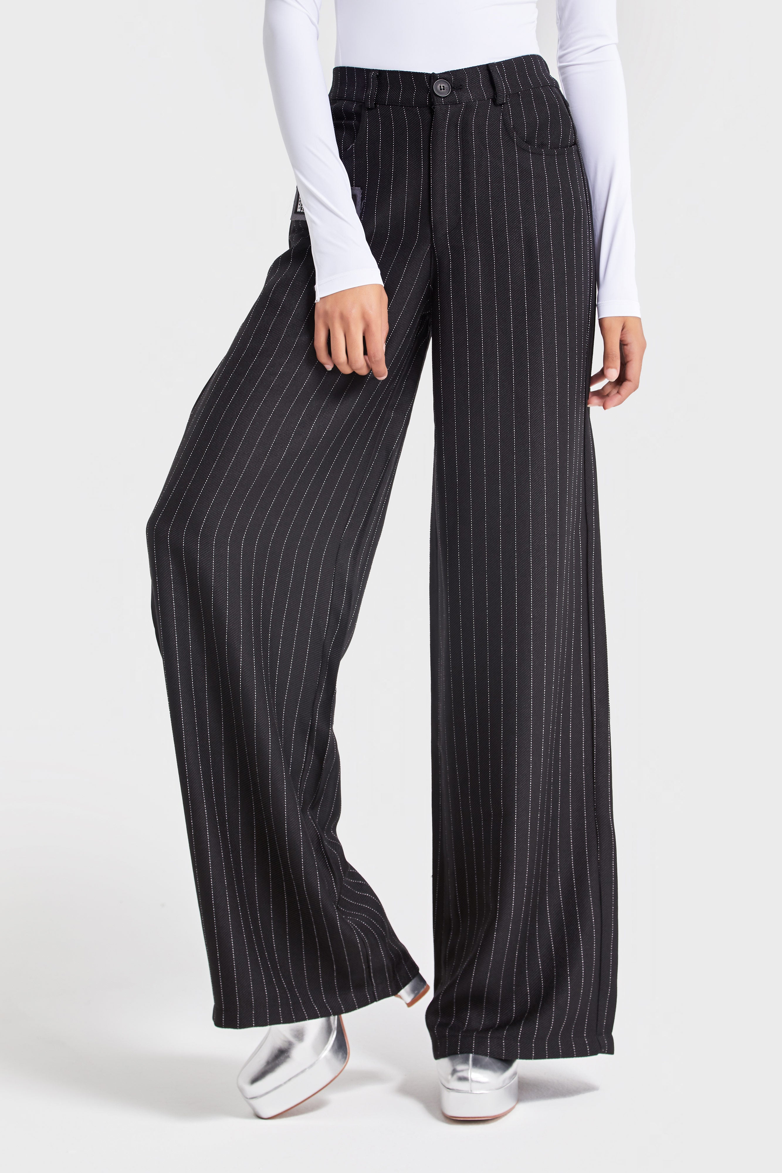 Women's Anthracite Color Striped Fabric Loose Cut Trousers