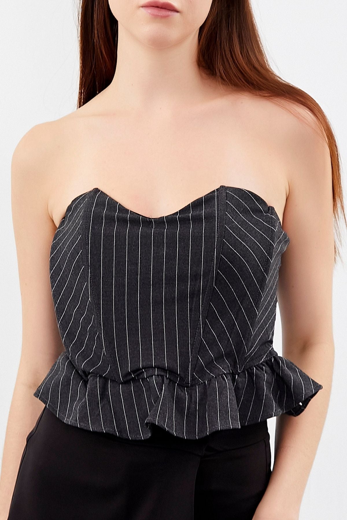 Women's Anthracite Color Striped Fabric Flounce Bustier