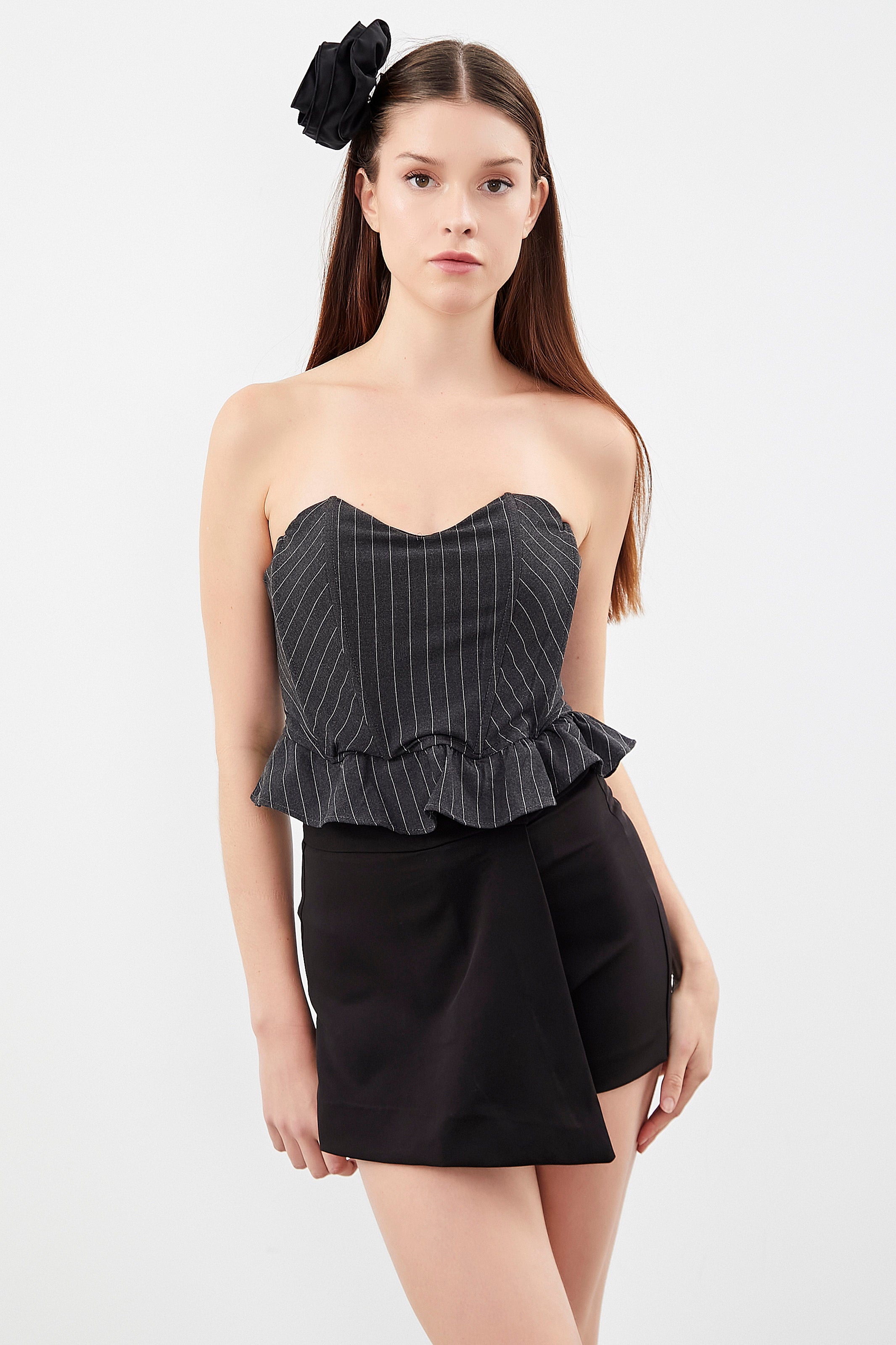 Women's Anthracite Color Striped Fabric Flounce Bustier