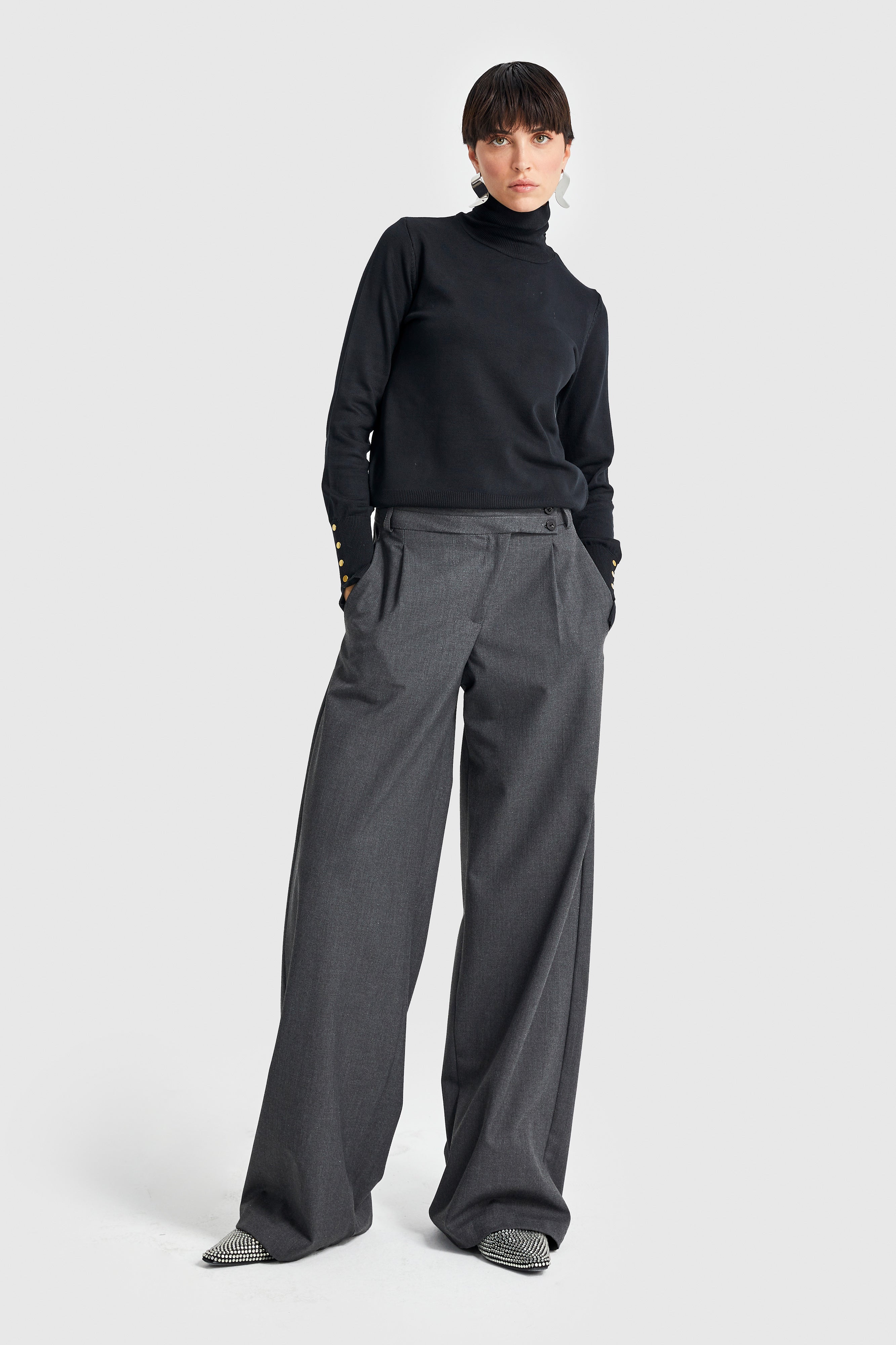 Women's Anthracite Color Belt Detailed Palazzo Fit Pleated Trousers