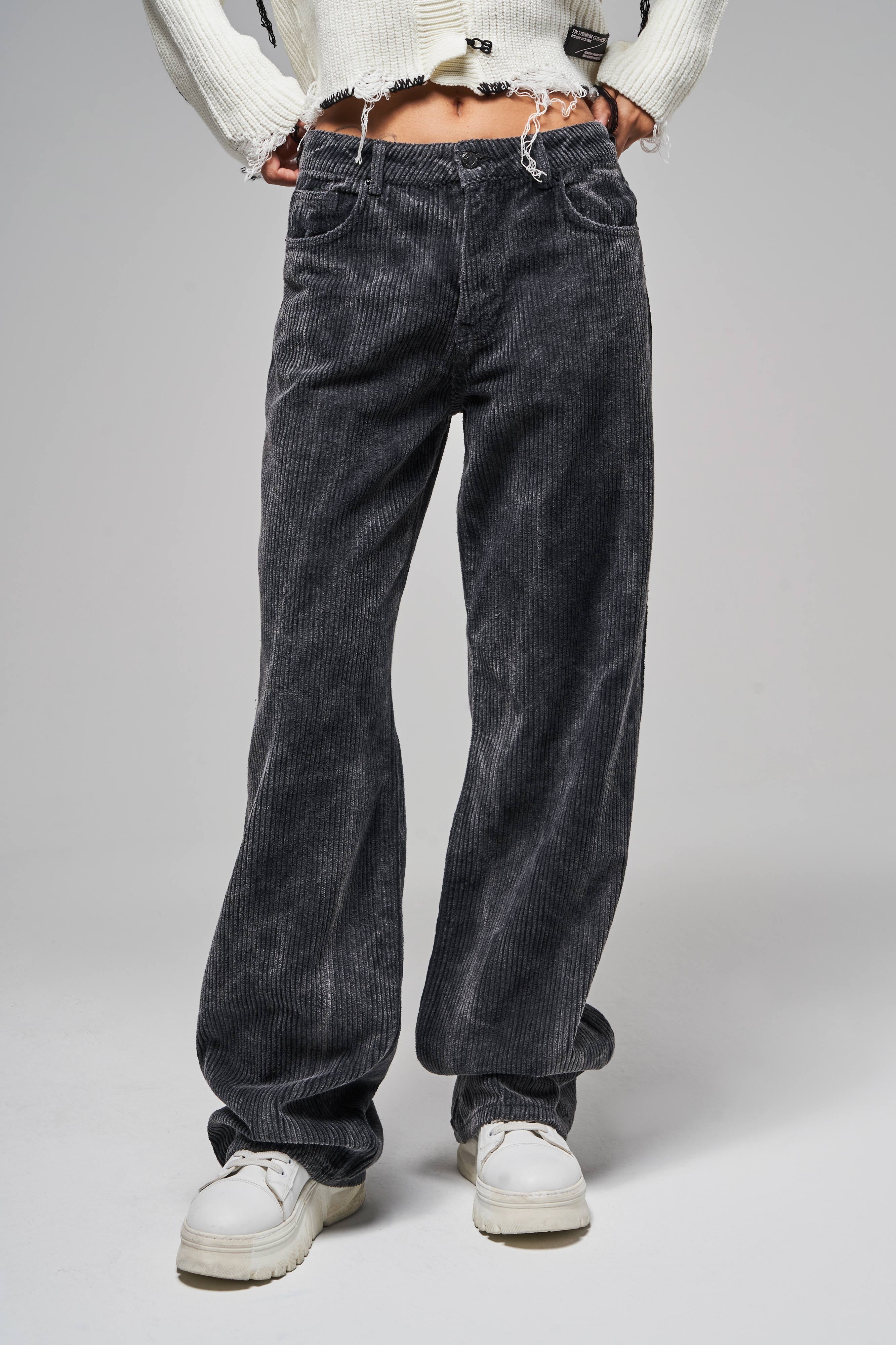 Women's Anthracite Color Loose Fit Thick Corduroy Trousers