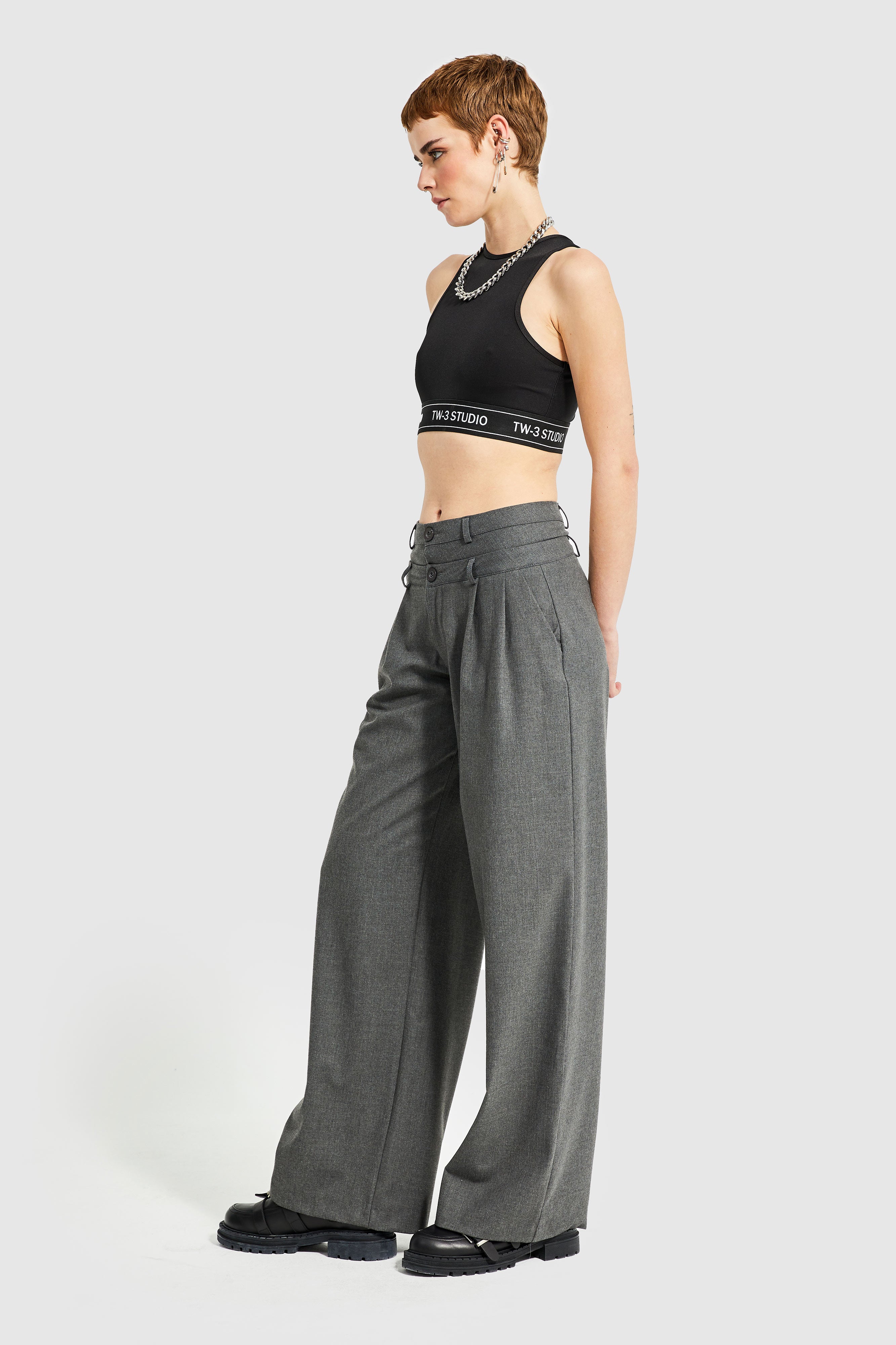 Women's Anthracite Color Palazzo Fit Double Belt Trousers