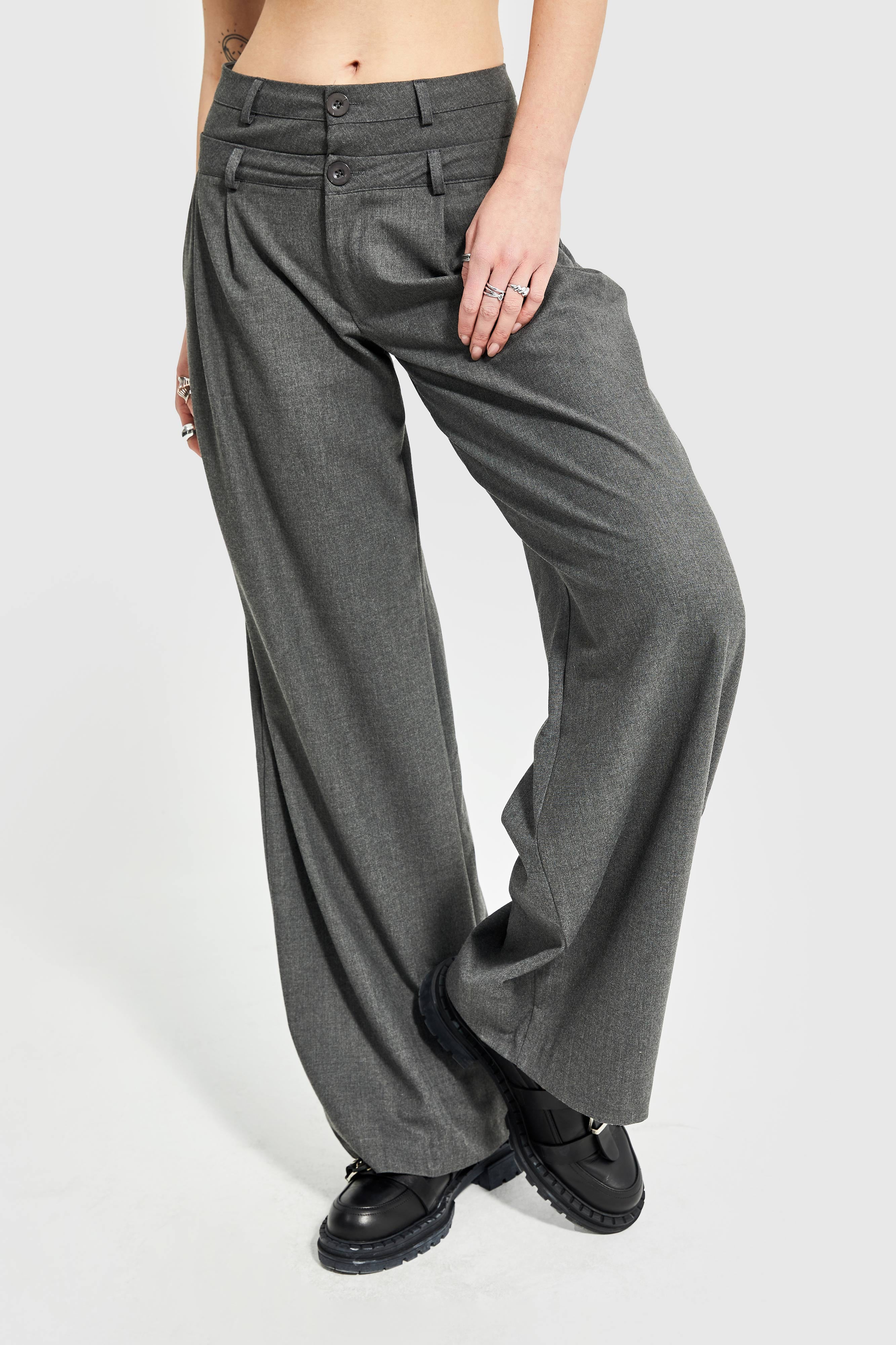 Women's Anthracite Color Palazzo Fit Double Belt Trousers