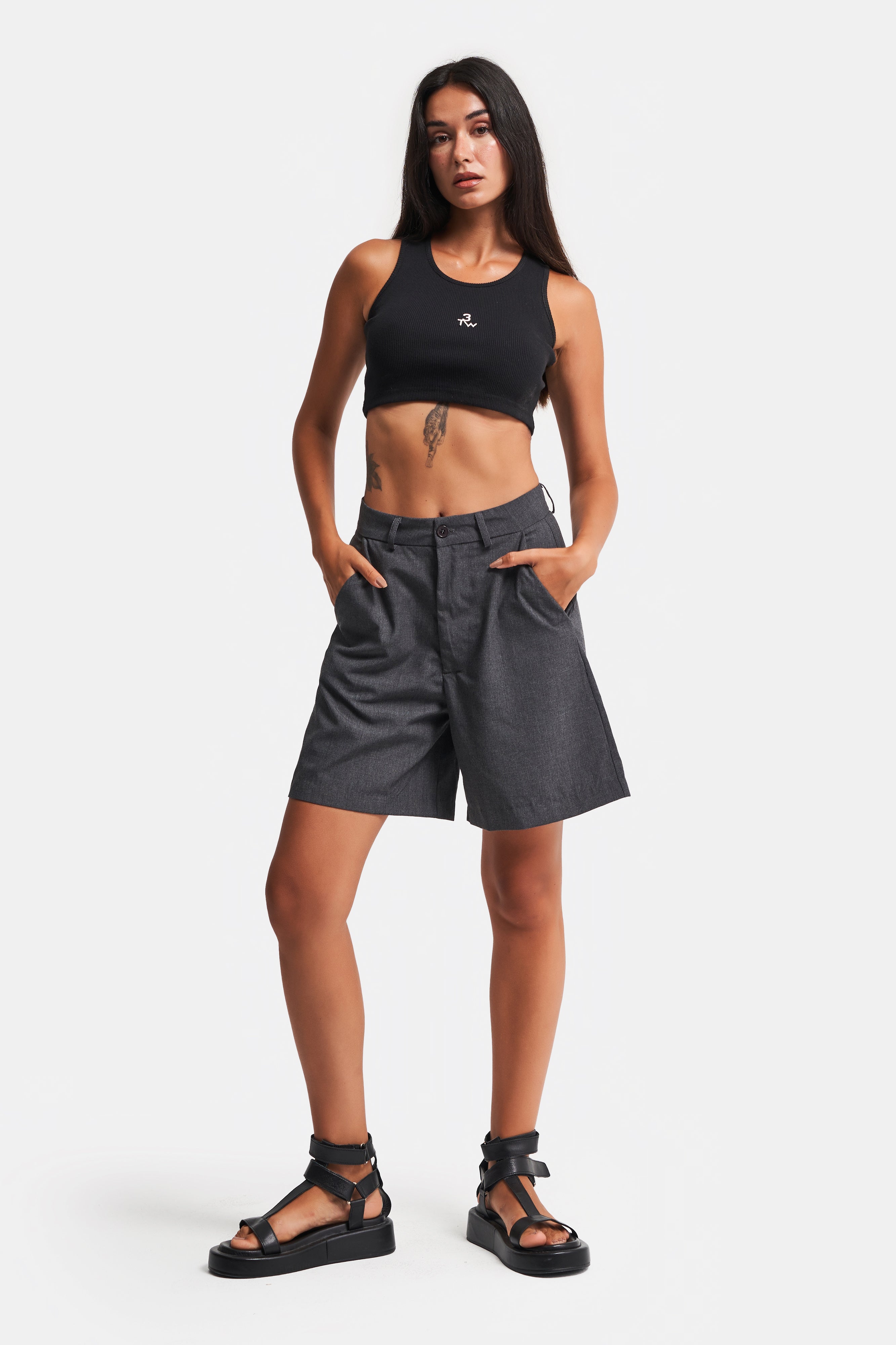 Women's Anthracite Color Cotton Fabric Skater Fit Shorts