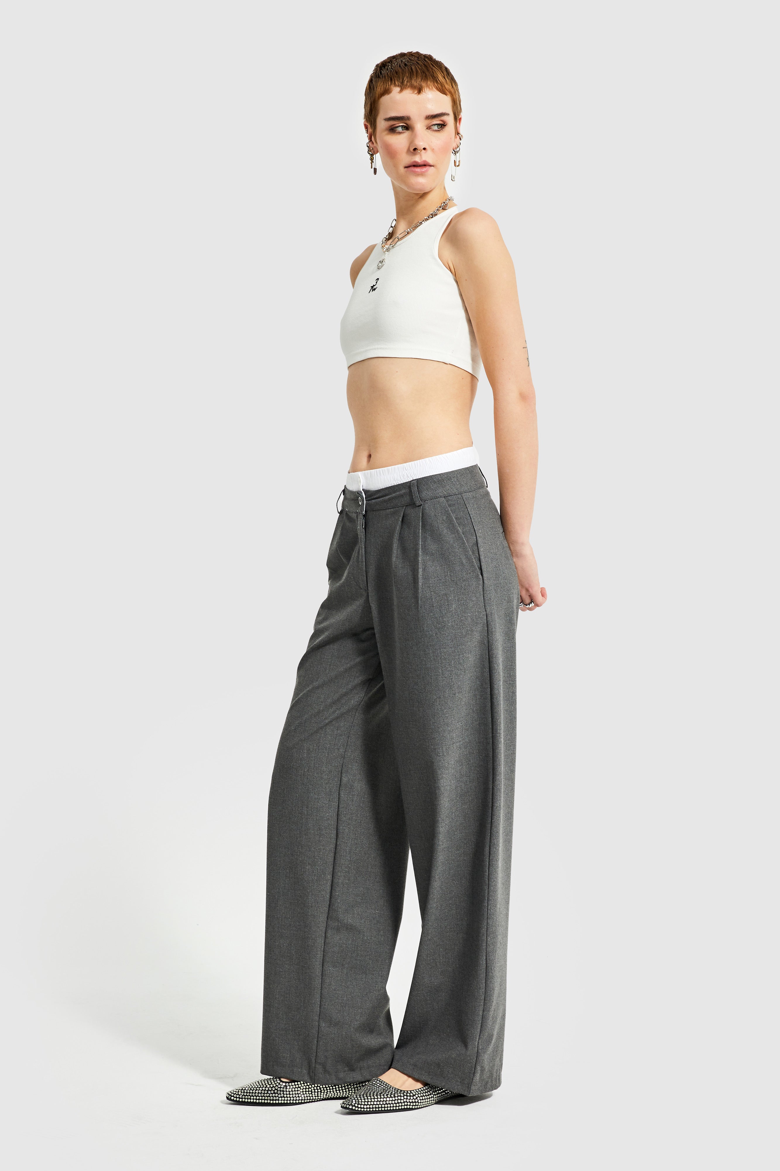 Women's Anthracite Color Pleated Double Belt Boxer Detail Palazzo Trousers