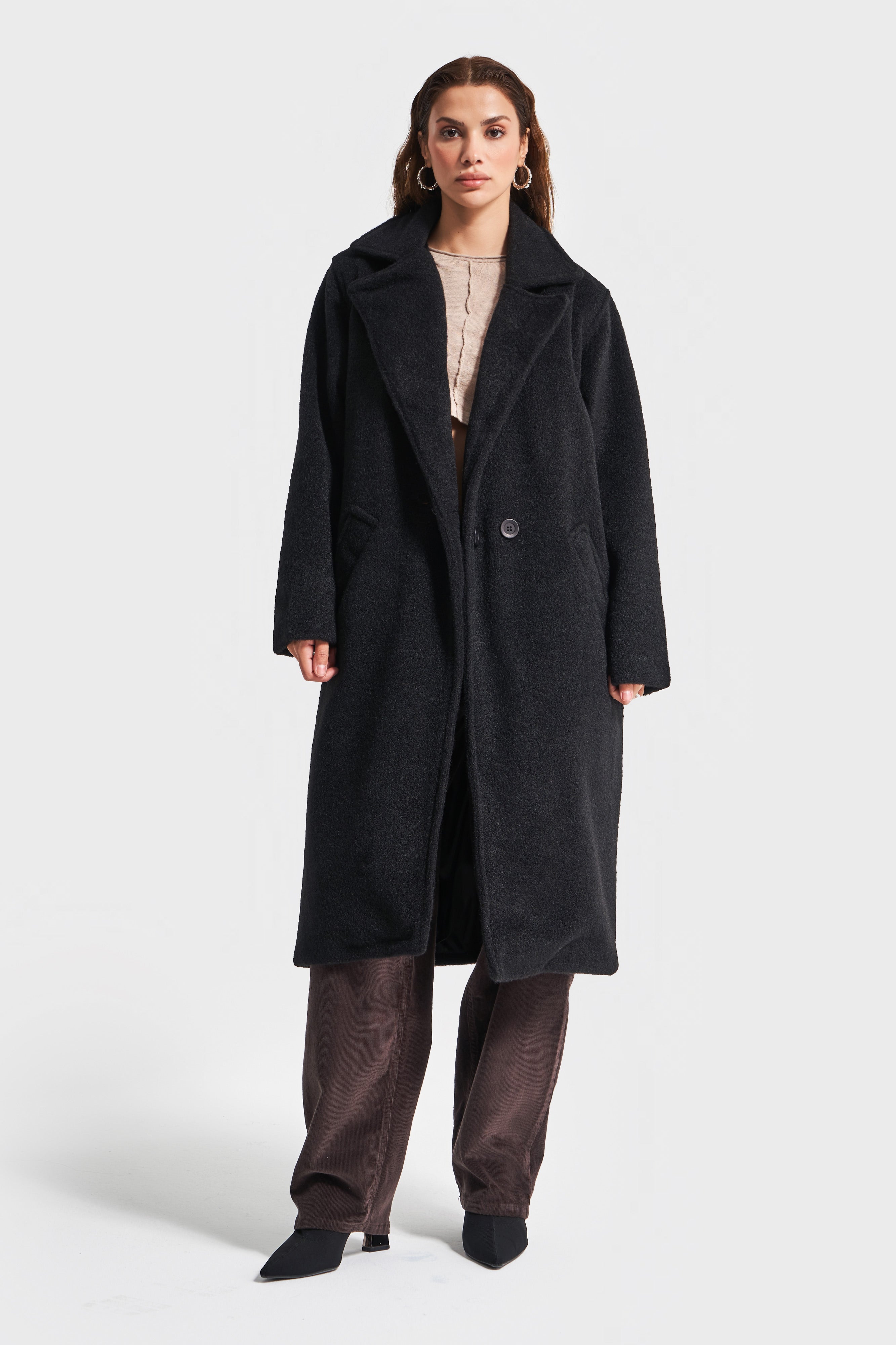 Women's Anthracite Black Color Long Oversize Cashmere Coat