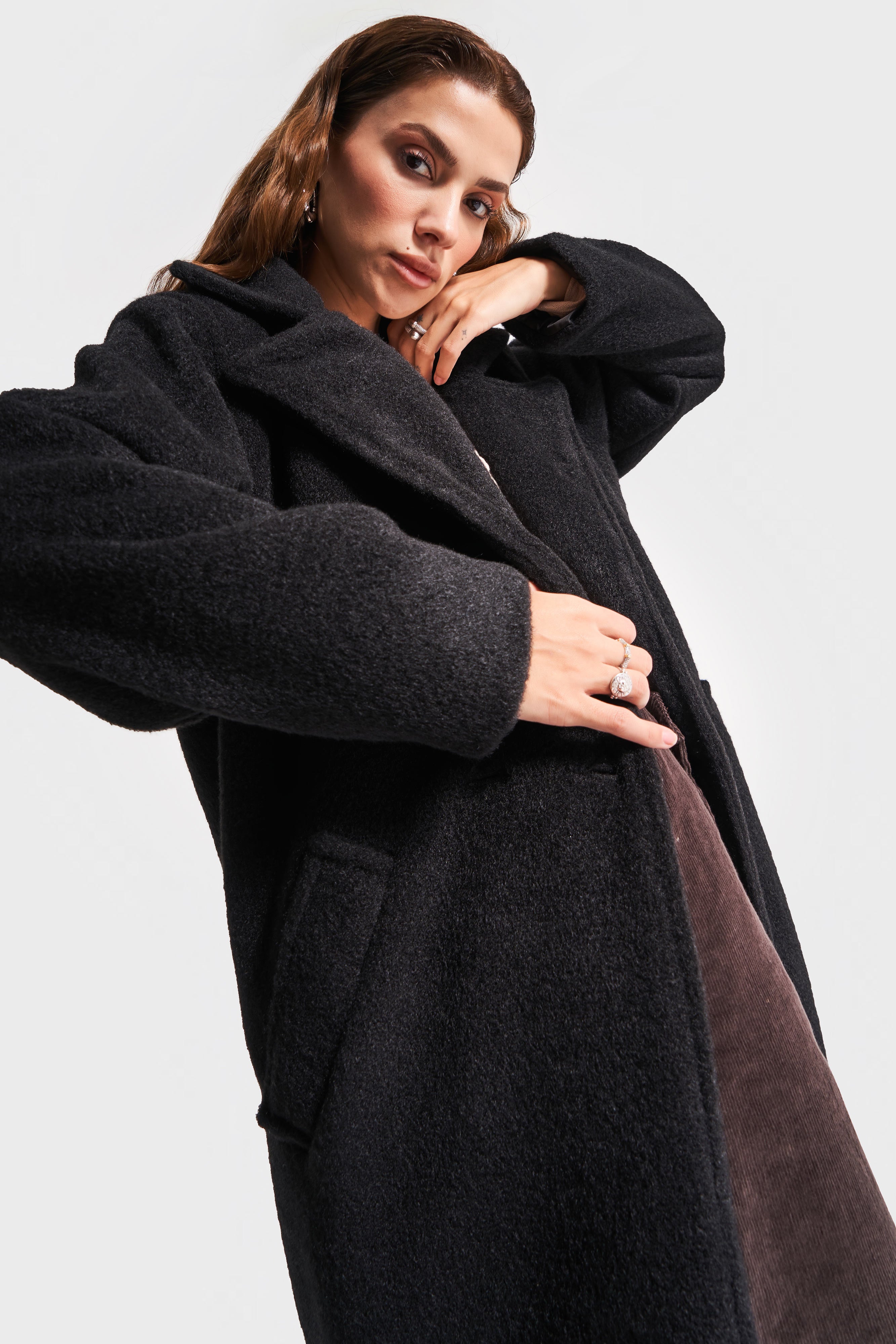 Women's Anthracite Black Color Long Oversize Cashmere Coat