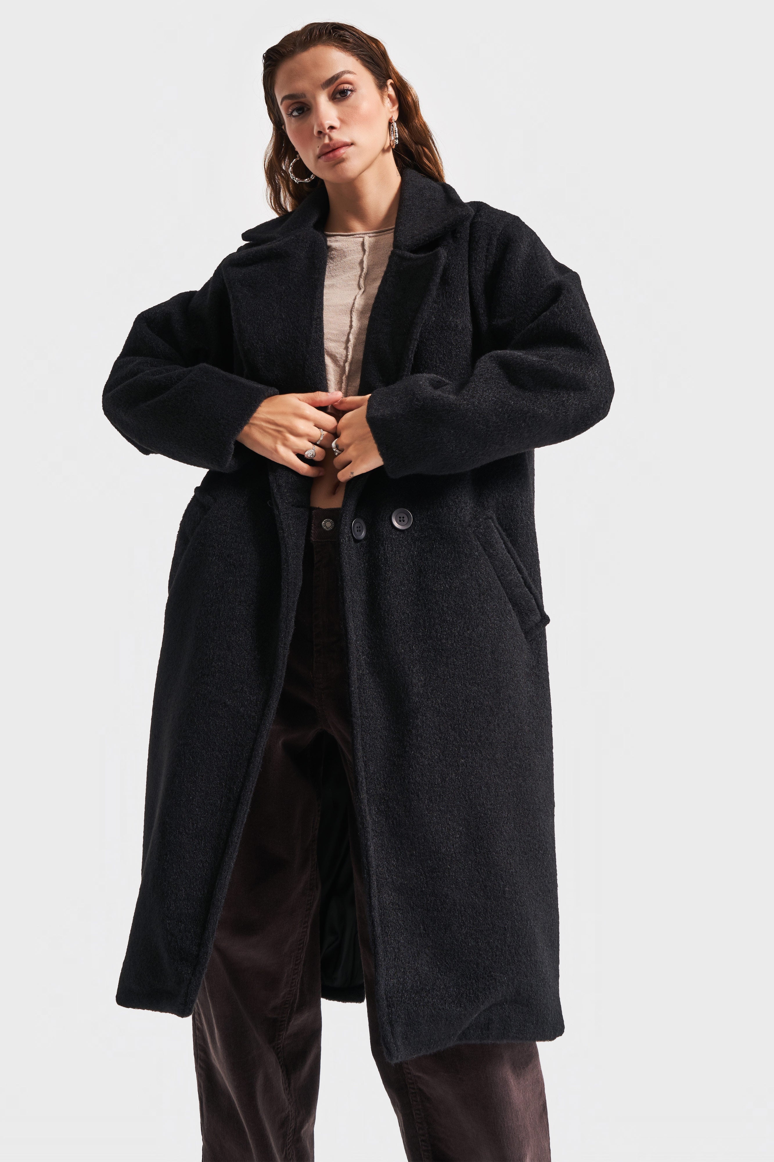 Women's Anthracite Black Color Long Oversize Cashmere Coat