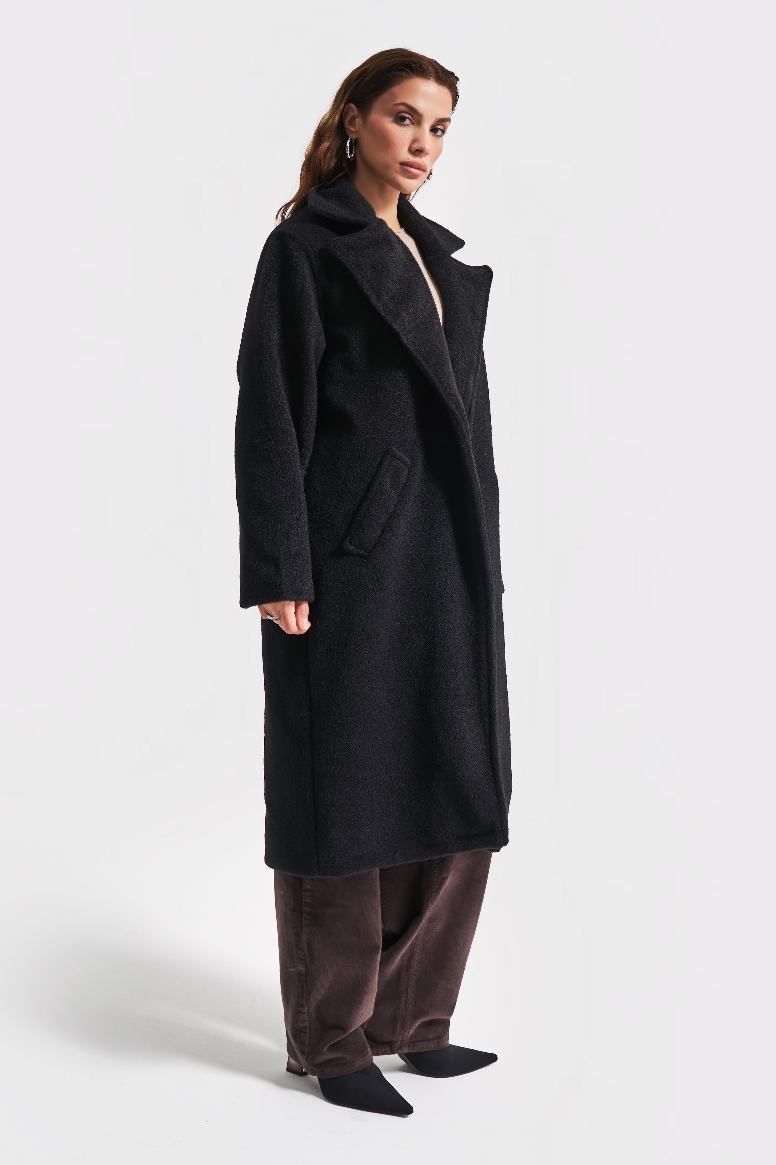 Women's Anthracite Black Color Long Oversize Cashmere Coat