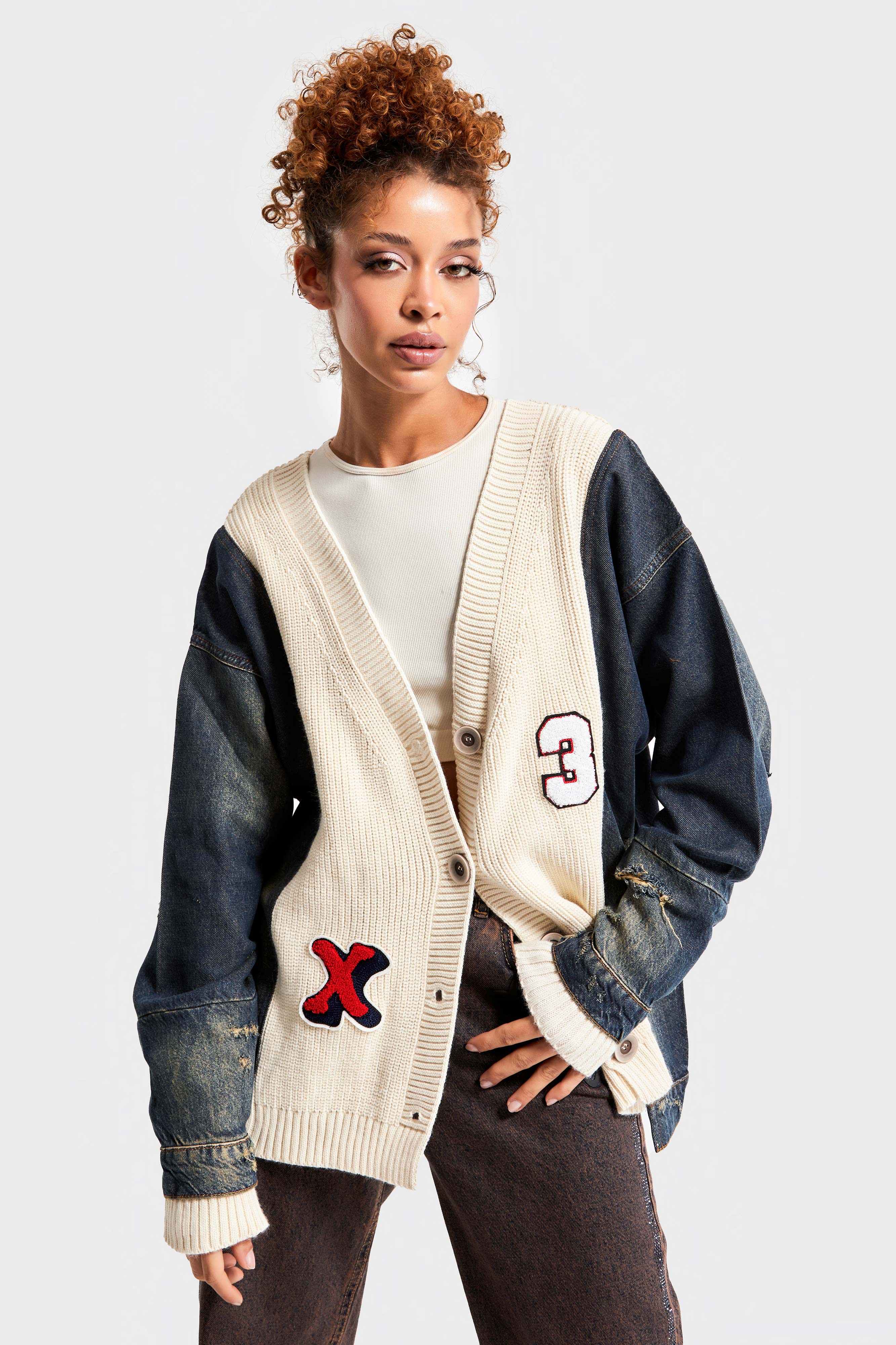 Women's Beige Denim Color Embroidered Letter Oversize Design Cardigan