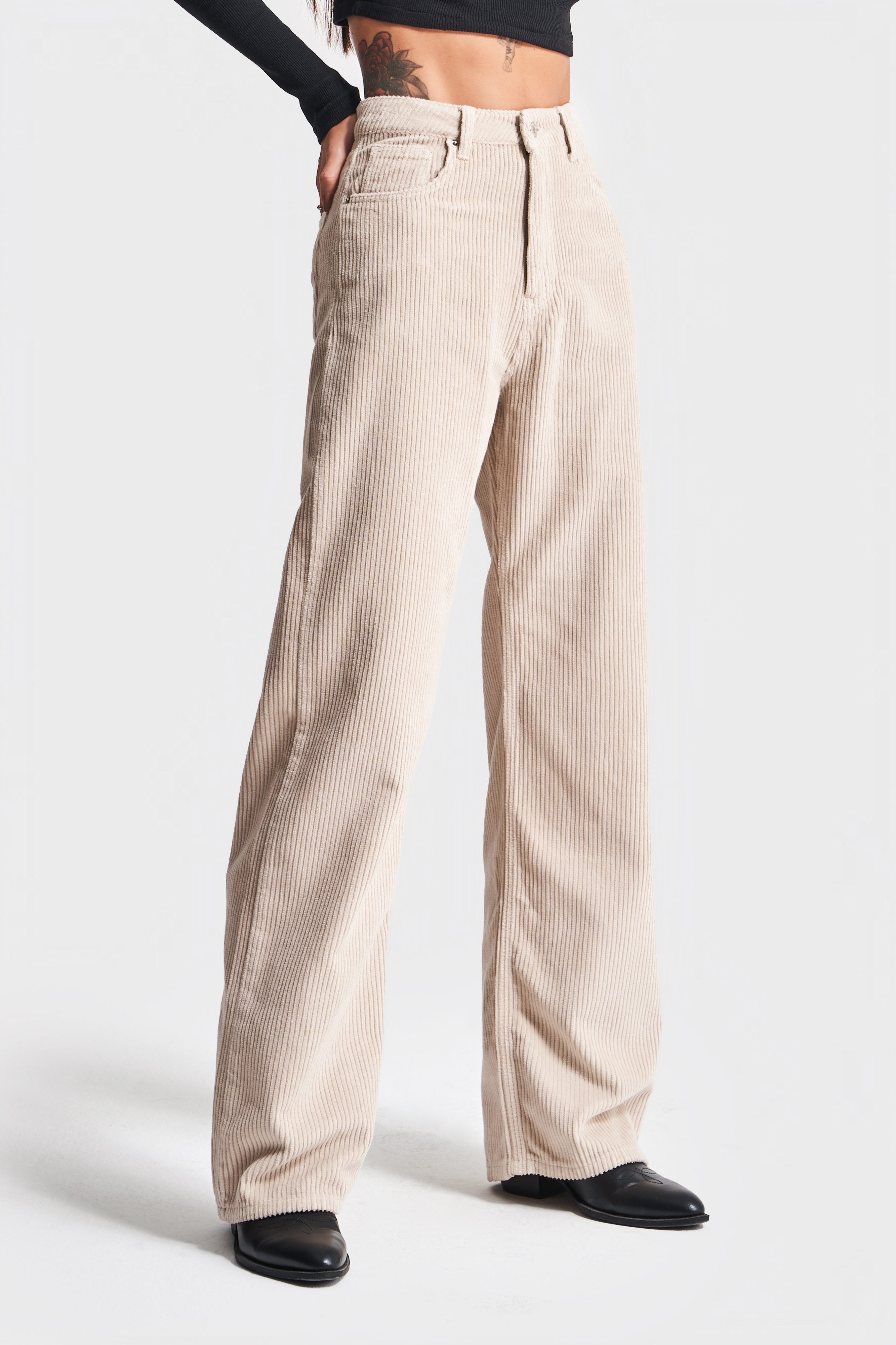 Women's Beige Color 29W457 Thick Corduroy Fabric Straight Fit Trousers