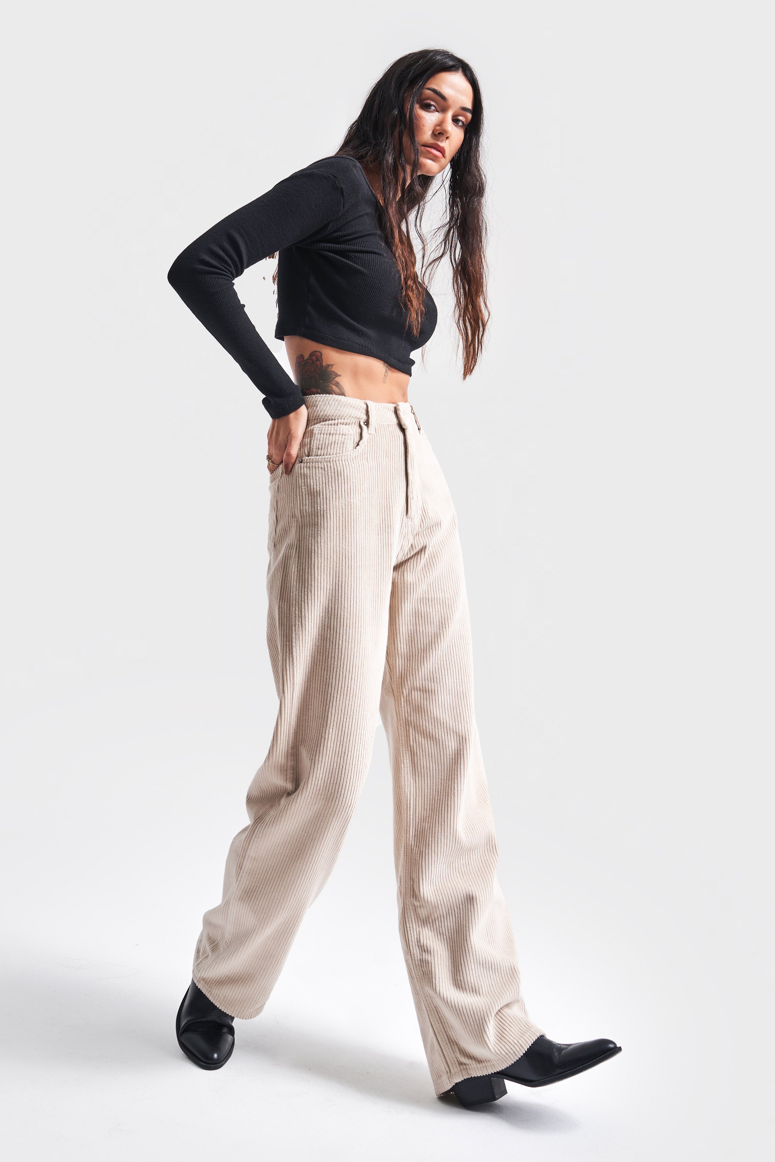 Women's Beige Color 29W457 Thick Corduroy Fabric Straight Fit Trousers