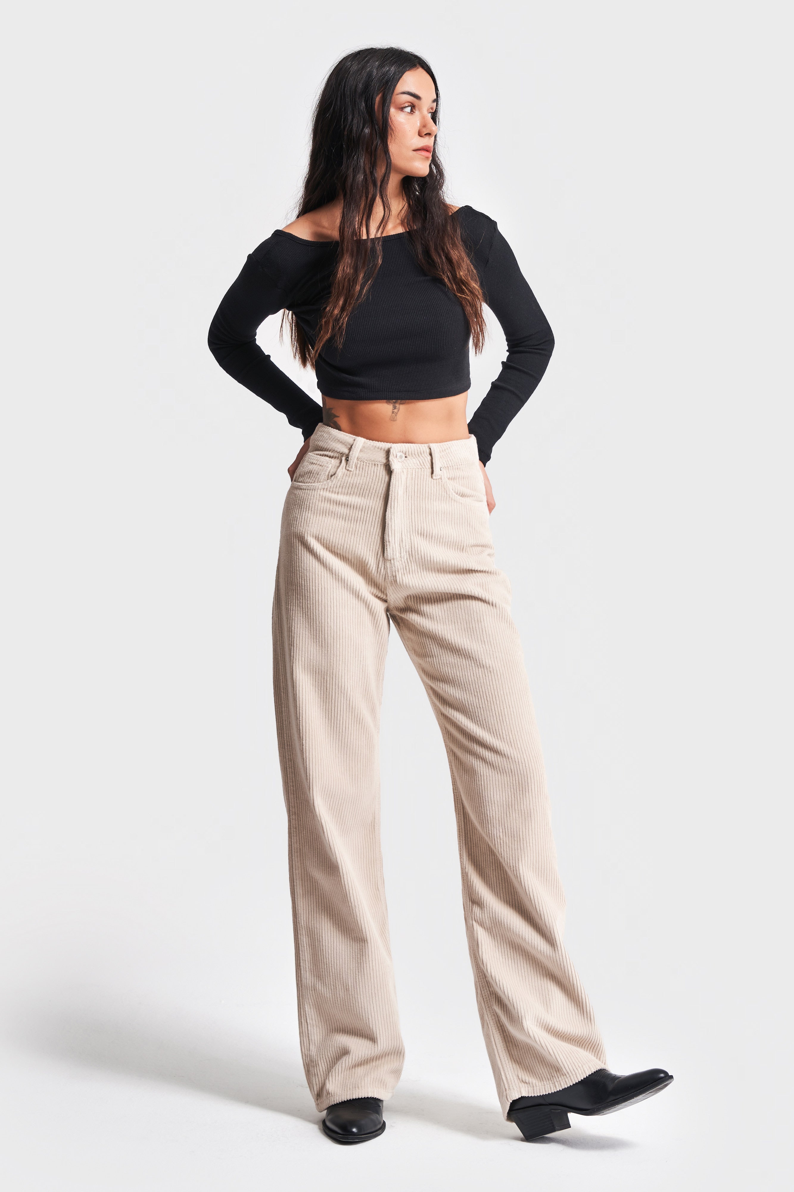 Women's Beige Color 29W457 Thick Corduroy Fabric Straight Fit Trousers