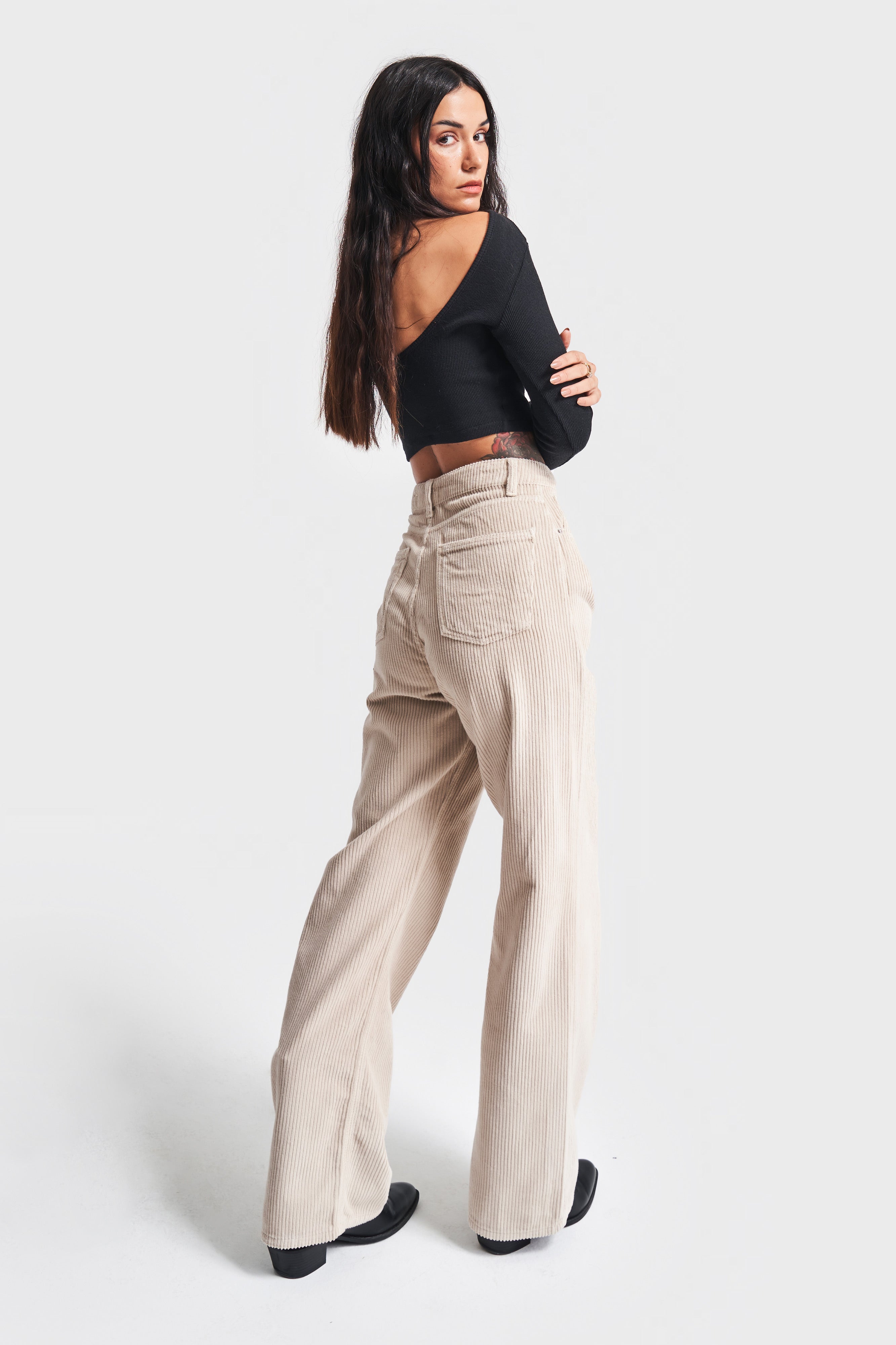 Women's Beige Color 29W457 Thick Corduroy Fabric Straight Fit Trousers