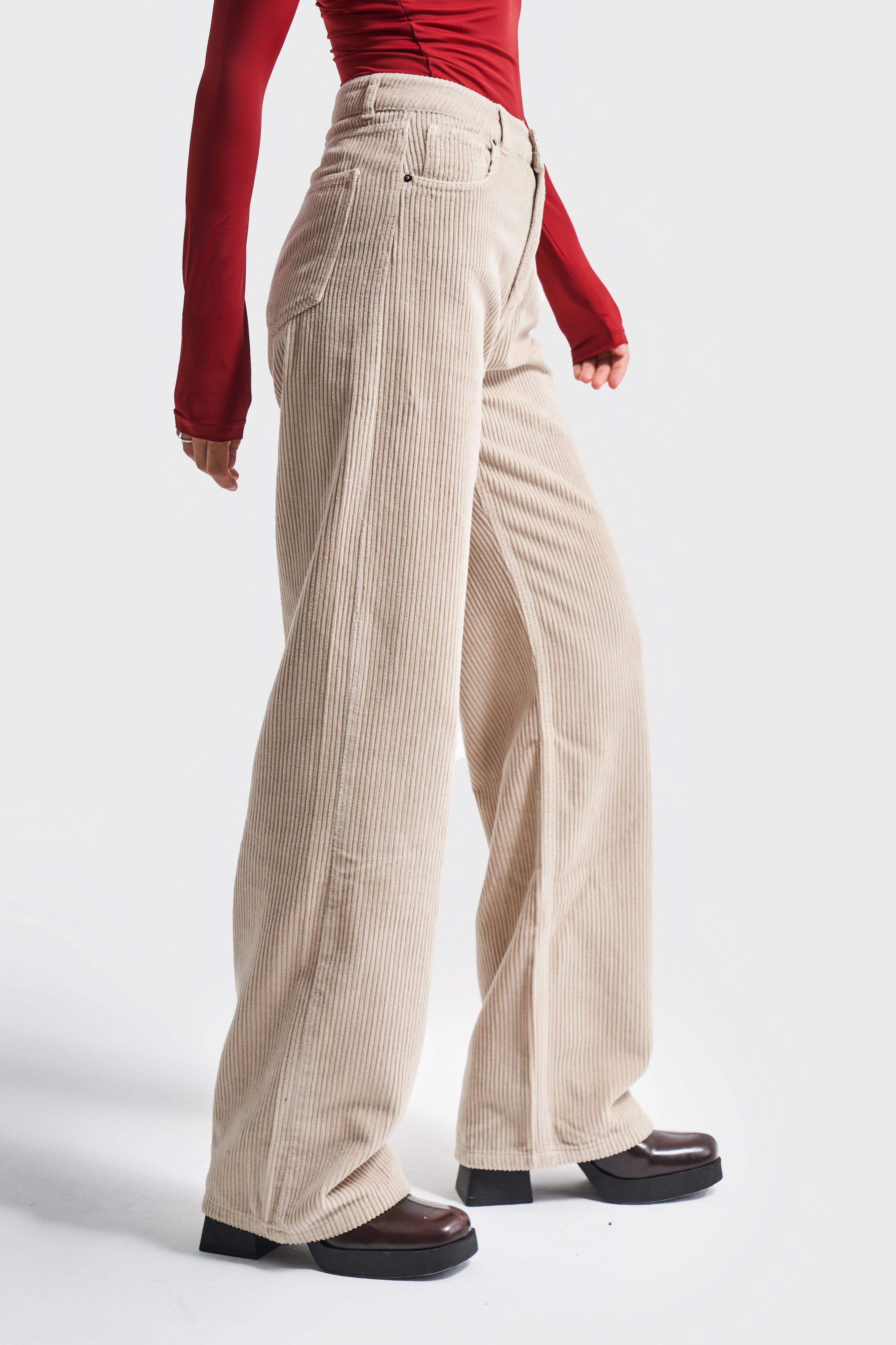 Women's Beige Color 29w457 Wide Leg Thick Corduroy Fabric Trousers