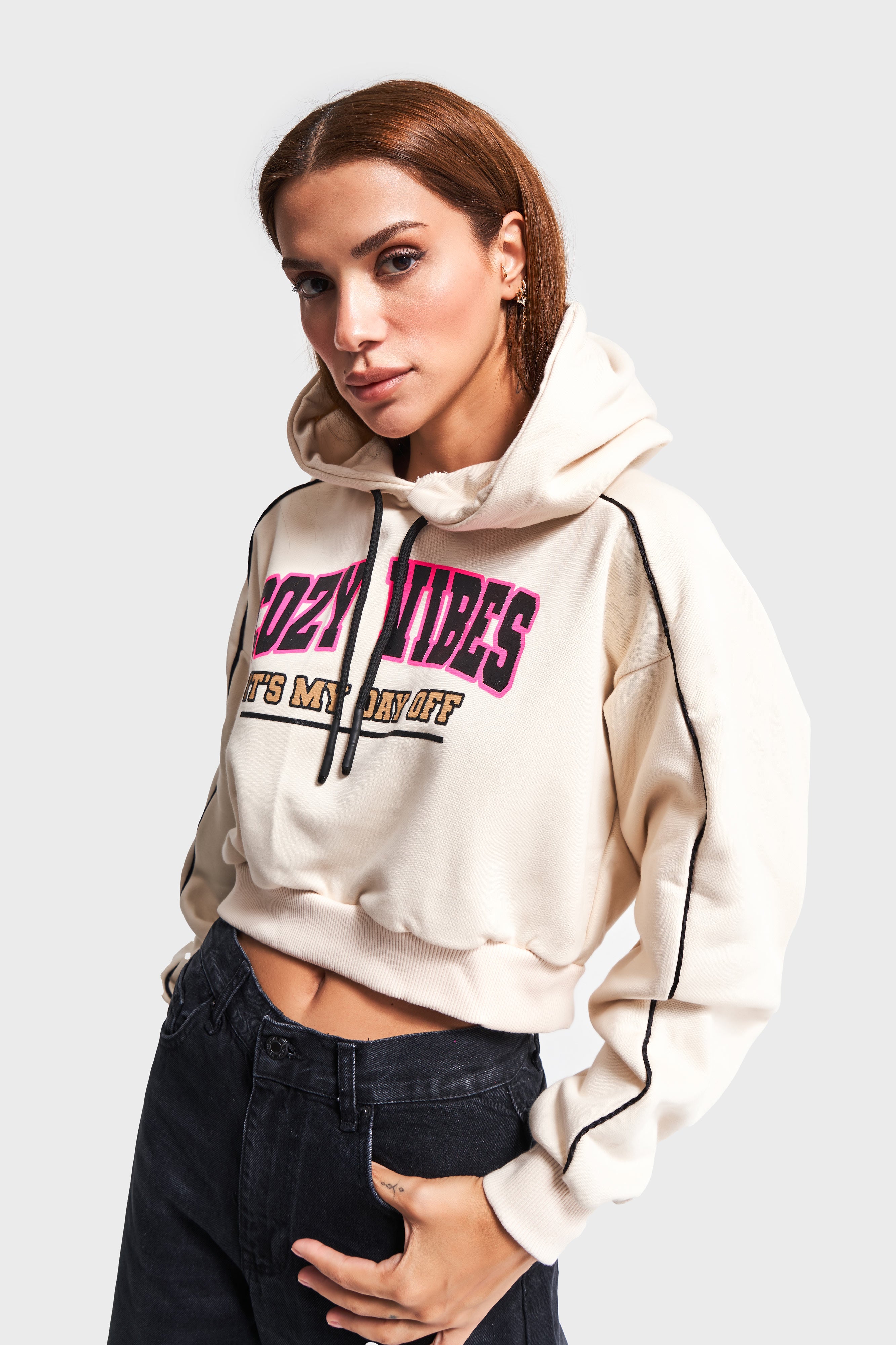 Women's Beige Color Printed Oversize Hooded Sweatshirt