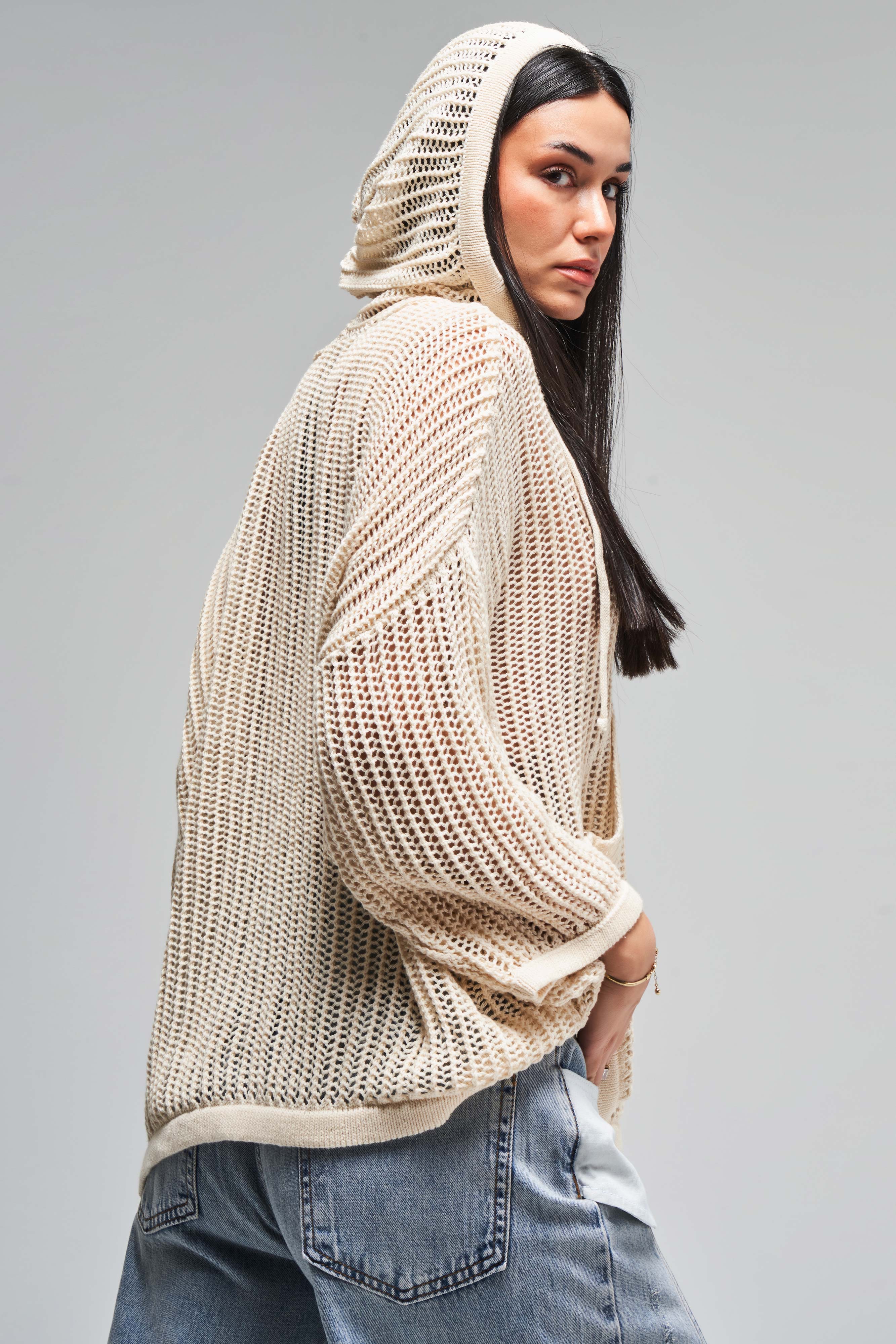 Women's Beige Color Loose Cut Thin Hole Openwork Hooded Design Sweater