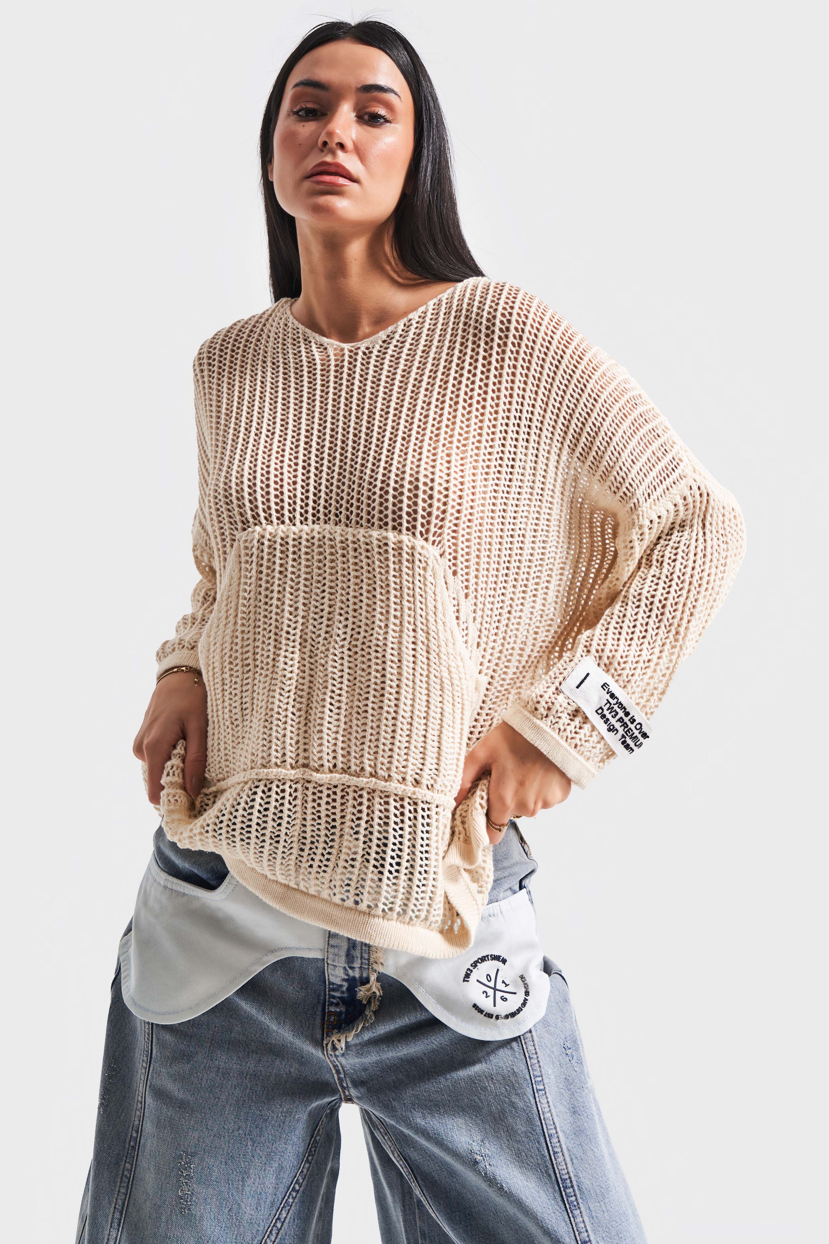 Women's Beige Color Loose Cut Thin Hole Openwork Hooded Design Sweater