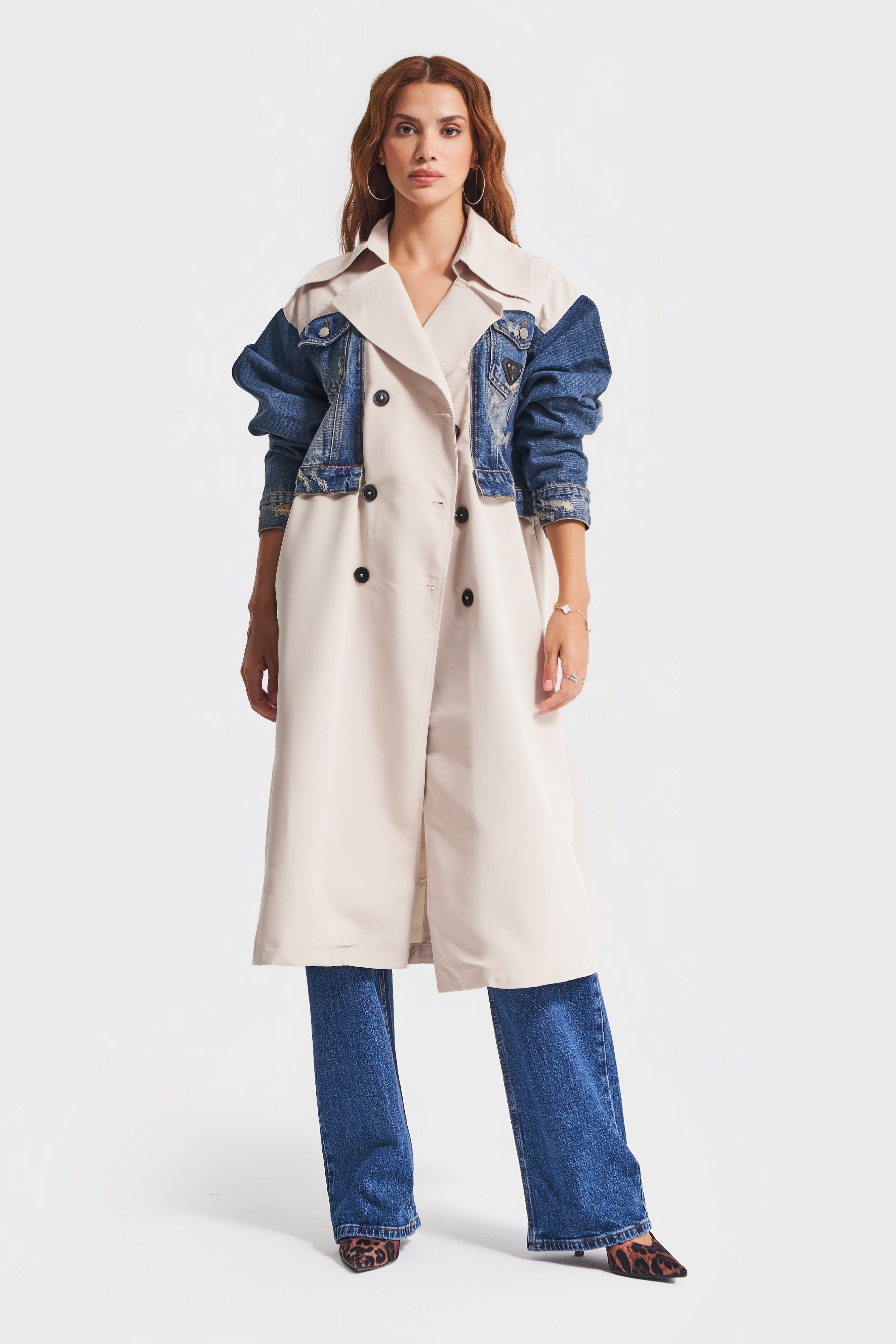 Women's Beige Color Denim Piece Double Breasted Trench Coat