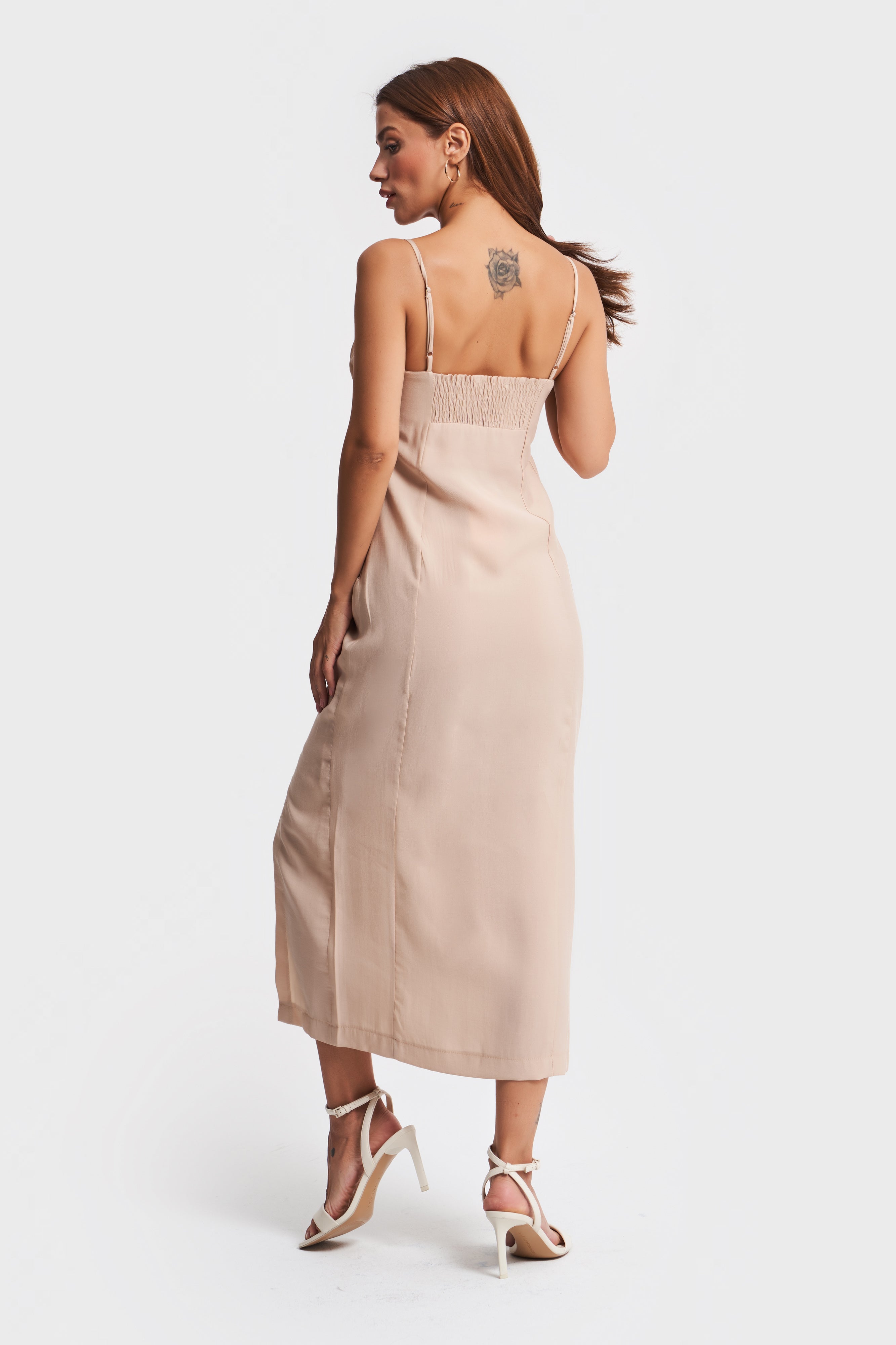 Women's Beige Color Linen Cotton Strappy Maxi Dress