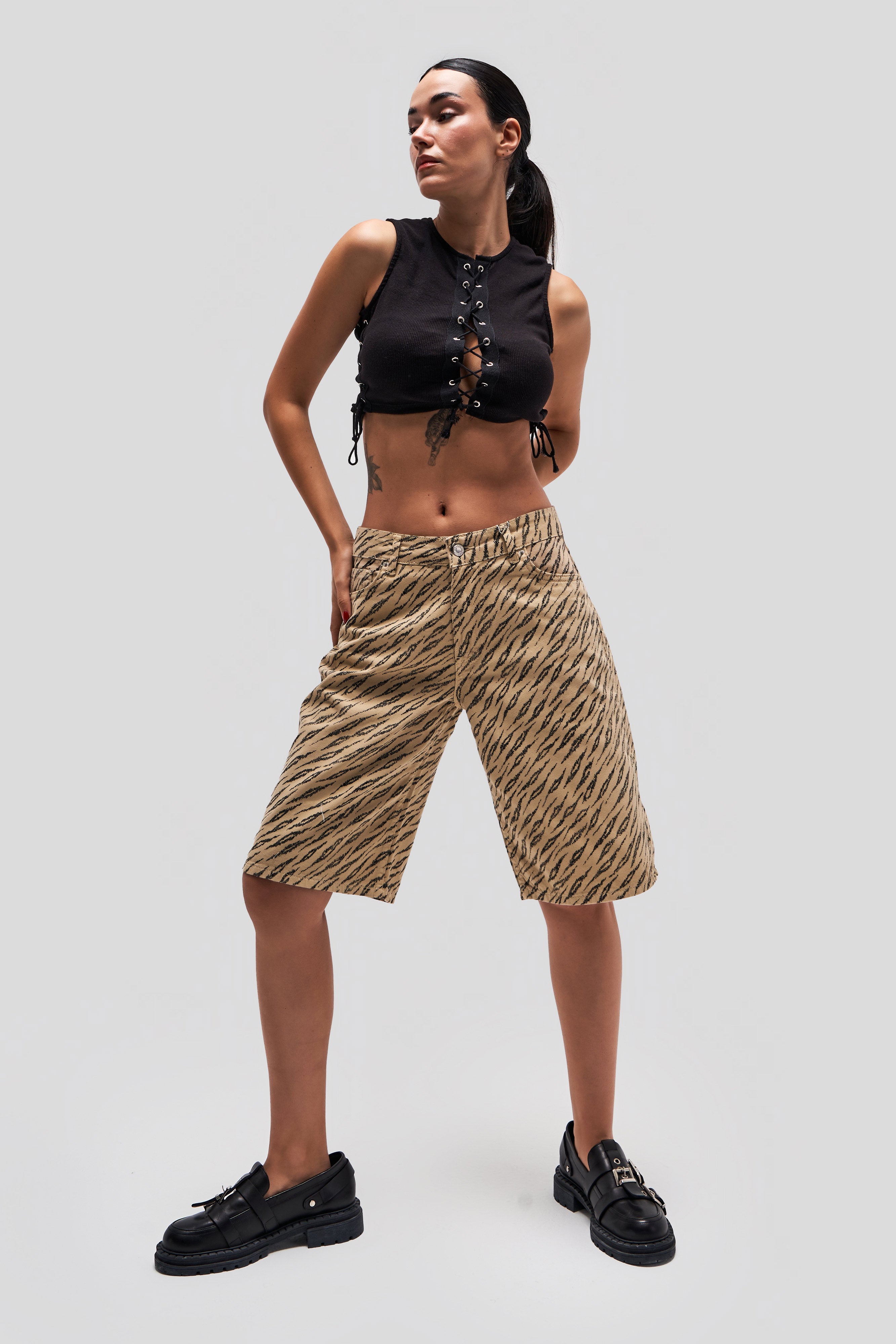 Women's Beige Leopard Patterned Midi Length Denim Shorts