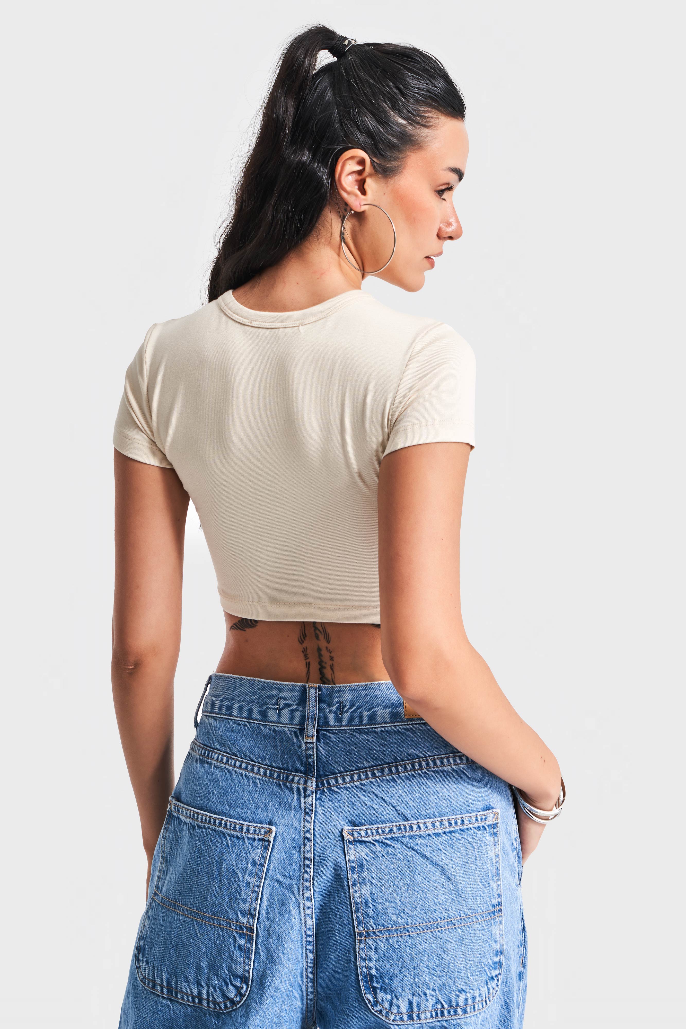 Kadın Bej Renk S5 Süper Esnek Kumaş Crop Fit Top