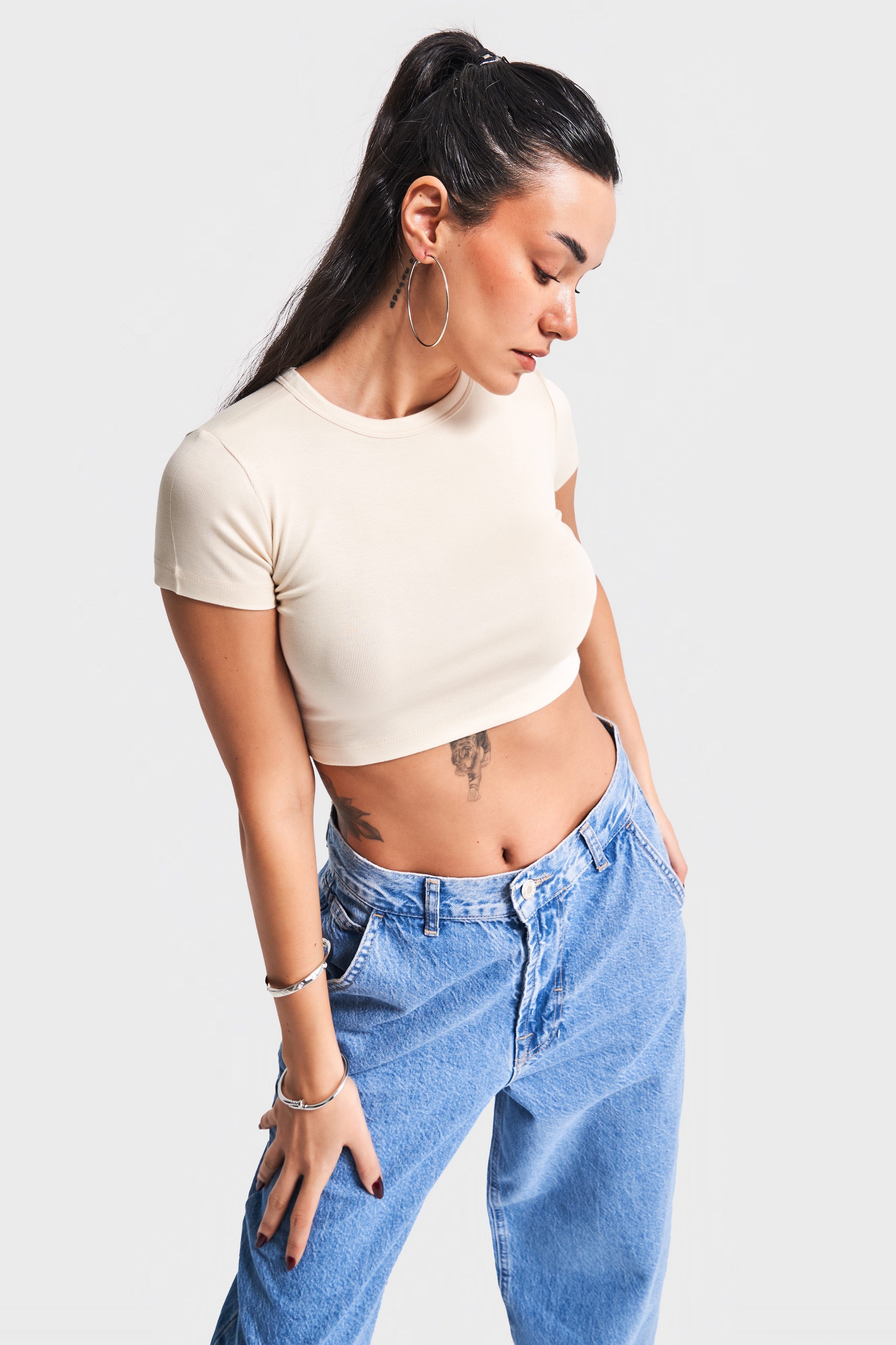 Kadın Bej Renk S5 Süper Esnek Kumaş Crop Fit Top