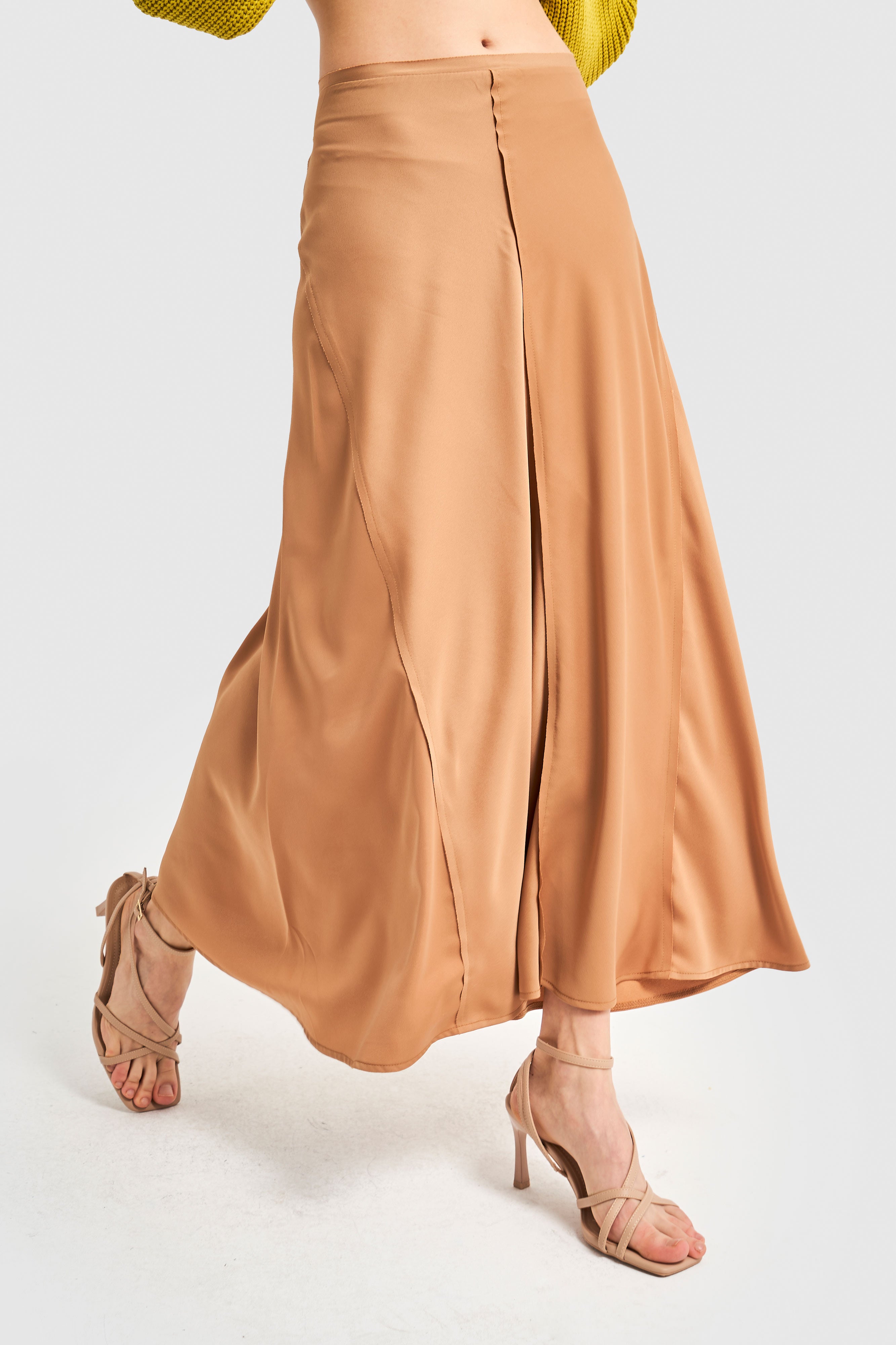 Women's Beige Color Satin Fabric Maxi Length A Shape Bias Skirt