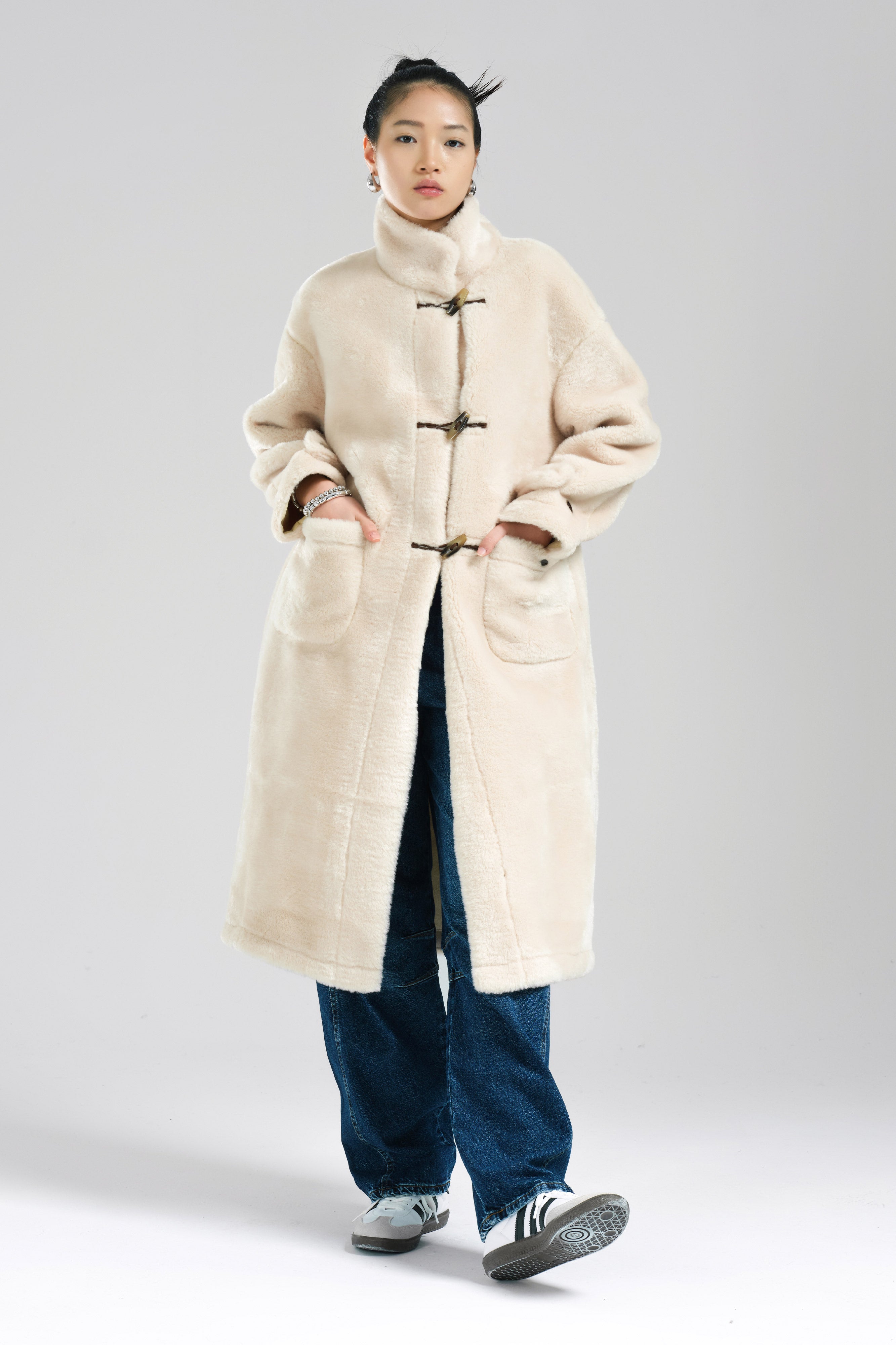 Women's Beige Color Faux Fur Long Lined Coat