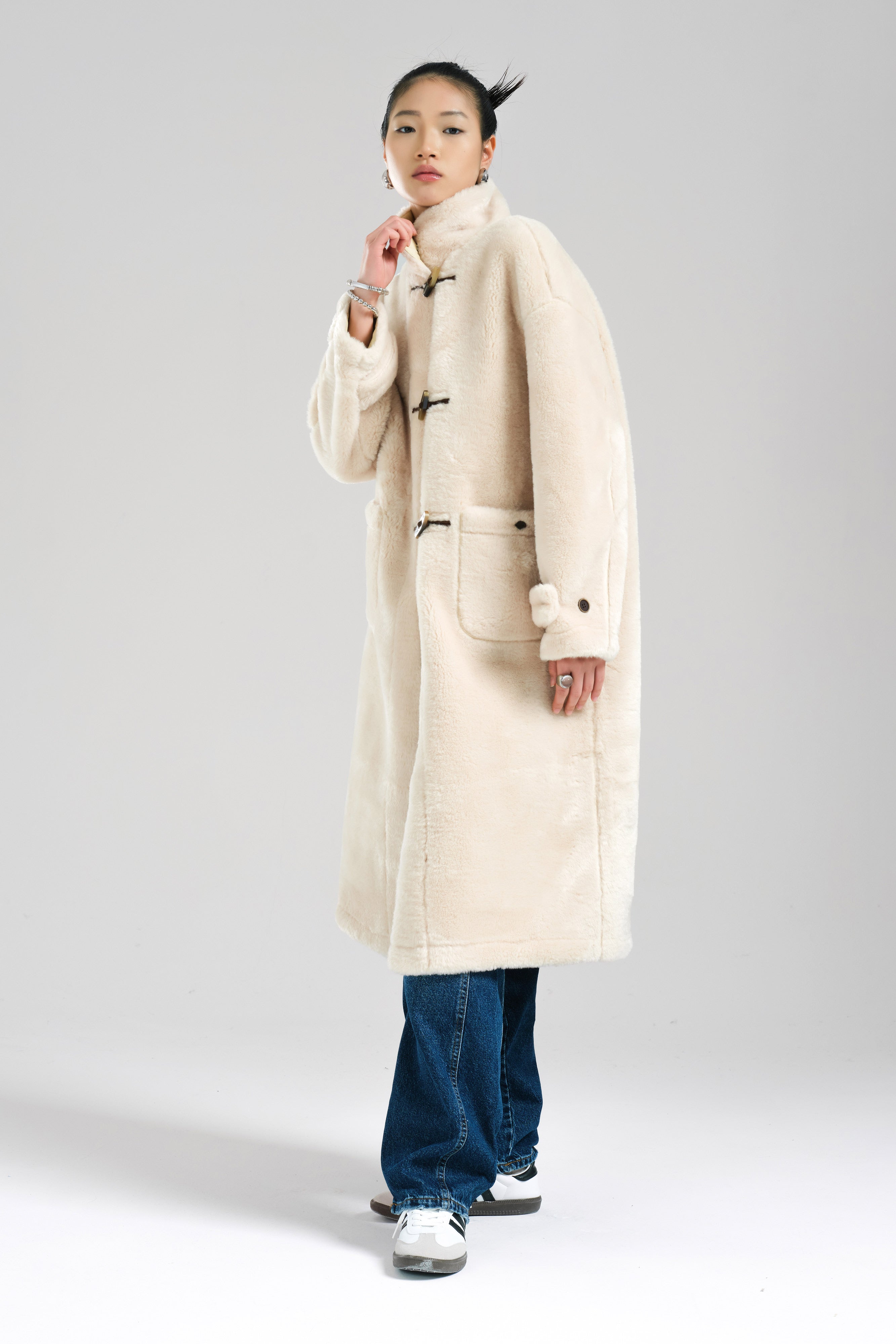 Women's Beige Color Faux Fur Long Lined Coat