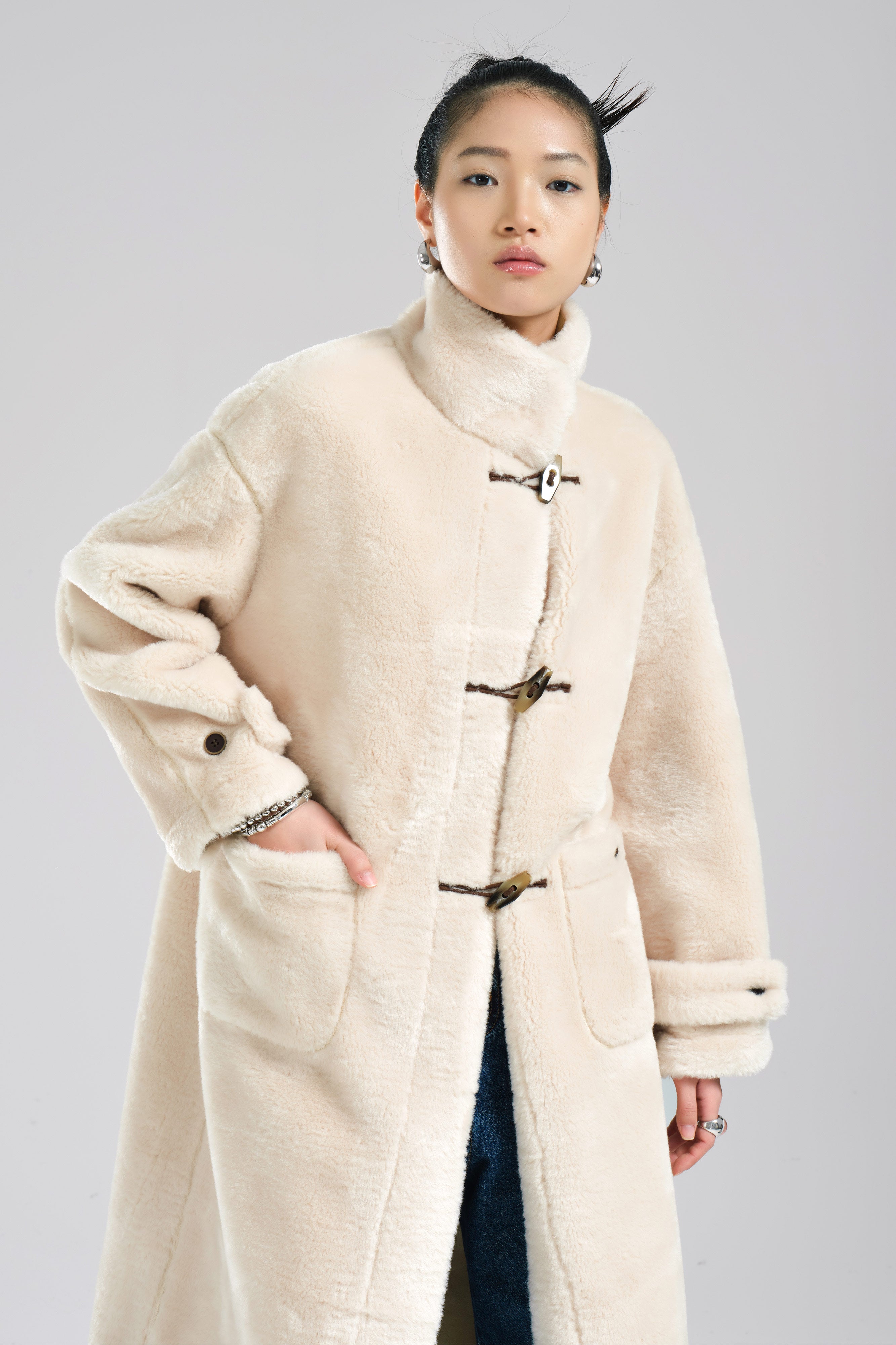 Women's Beige Color Faux Fur Long Lined Coat