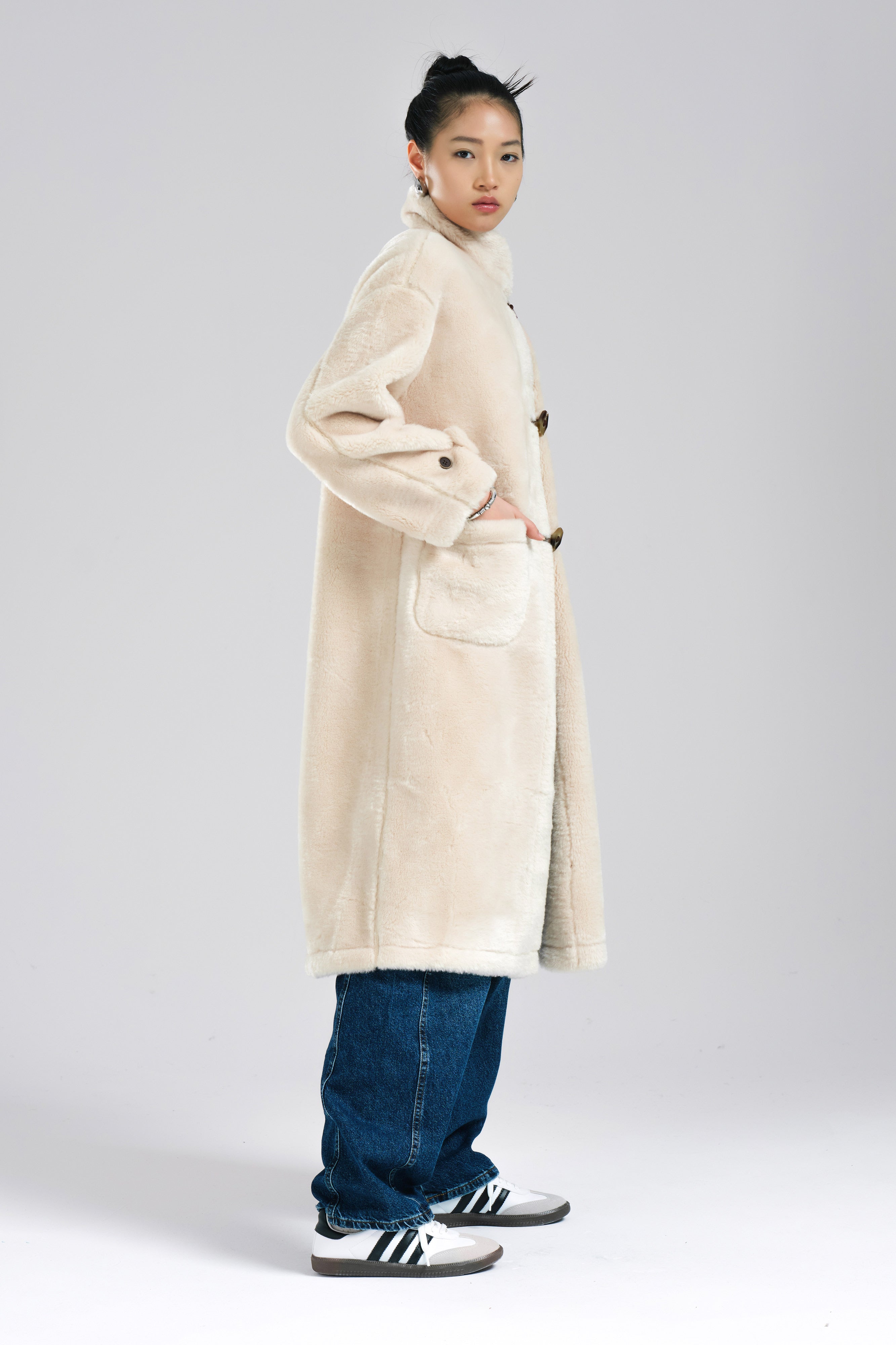 Women's Beige Color Faux Fur Long Lined Coat