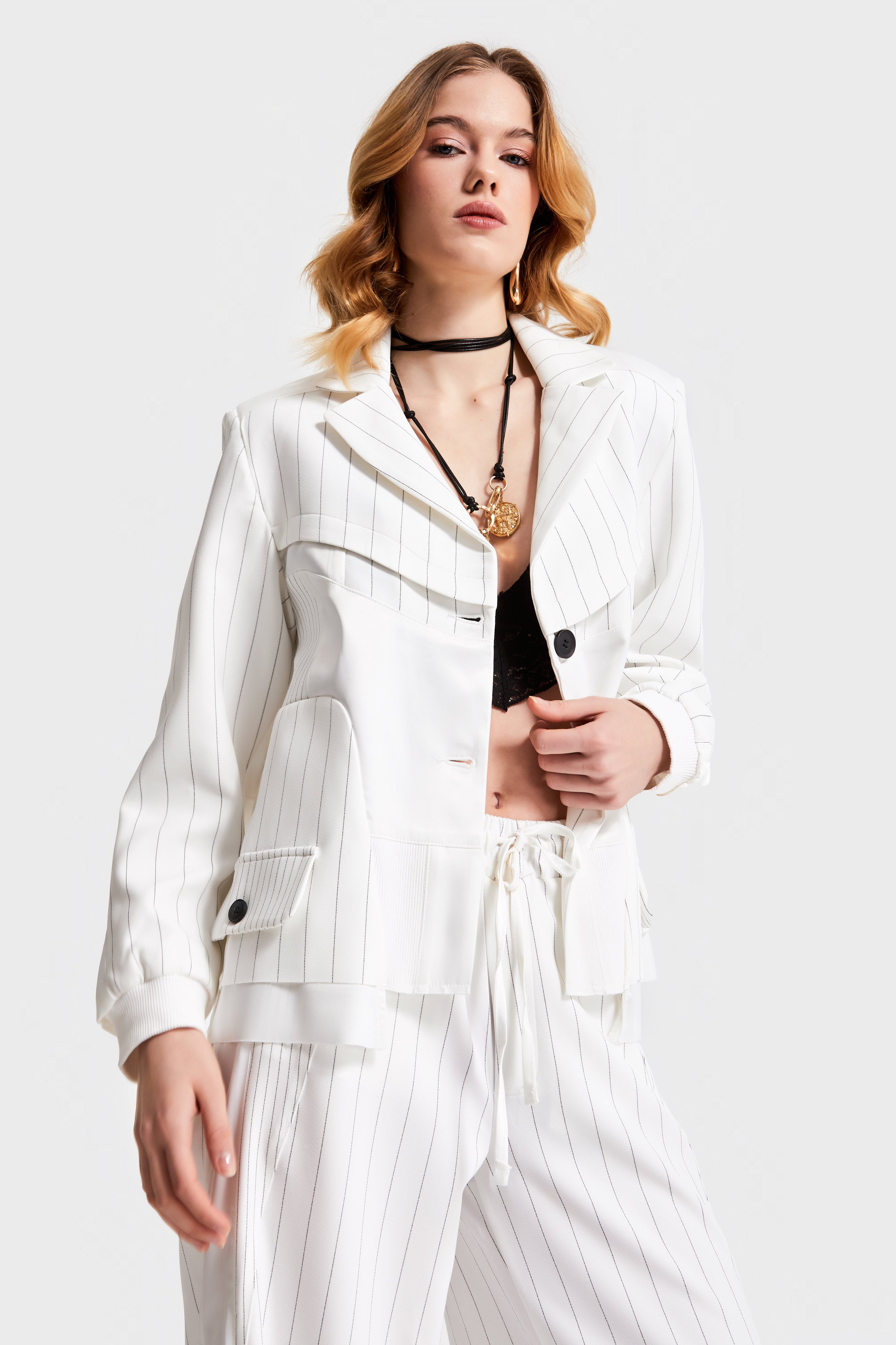 Women's White Striped Color Double Breasted Design Jacket