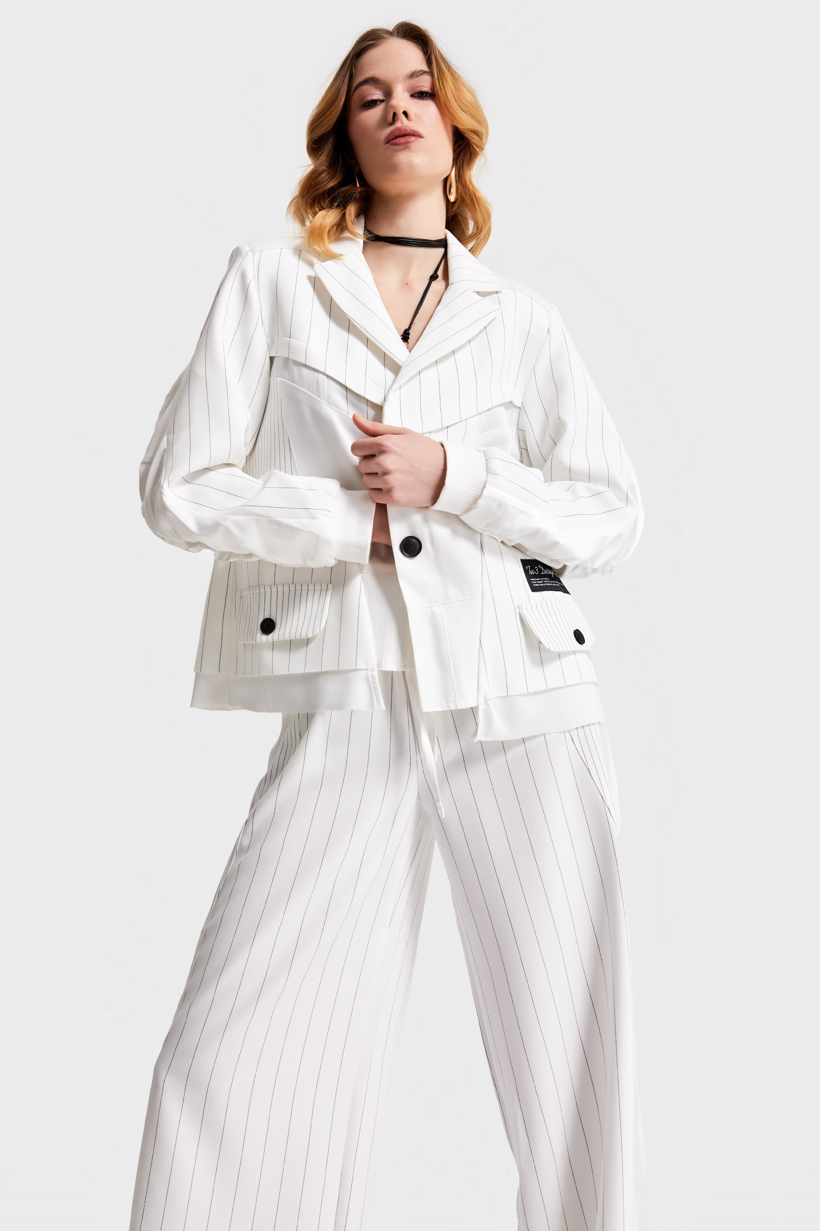 Women's White Striped Color Double Breasted Design Jacket