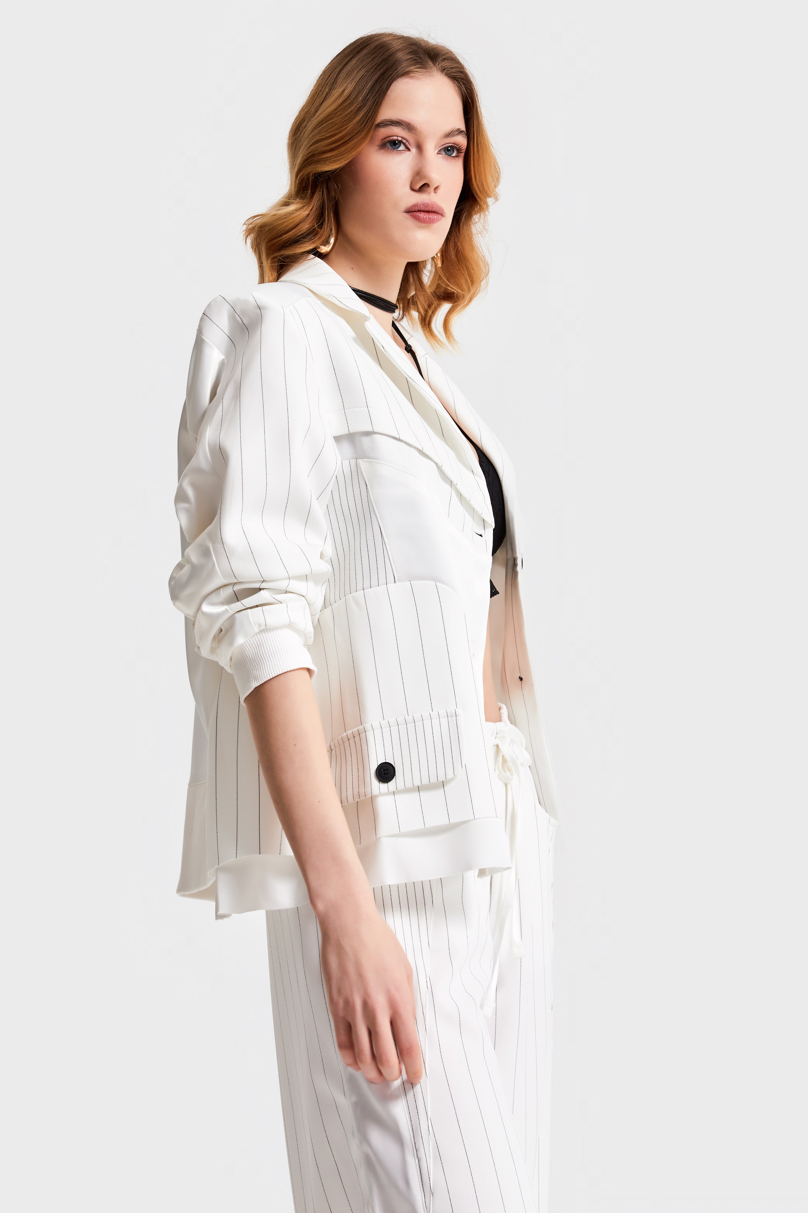 Women's White Striped Color Double Breasted Design Jacket